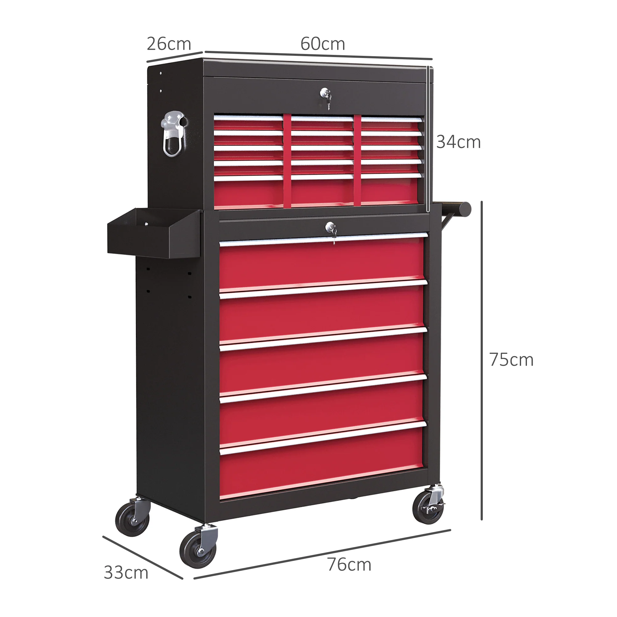 HOMCOM Rolling Tool Chest Lockable Roller Cabinet with with 14 Drawers Red - Image 5
