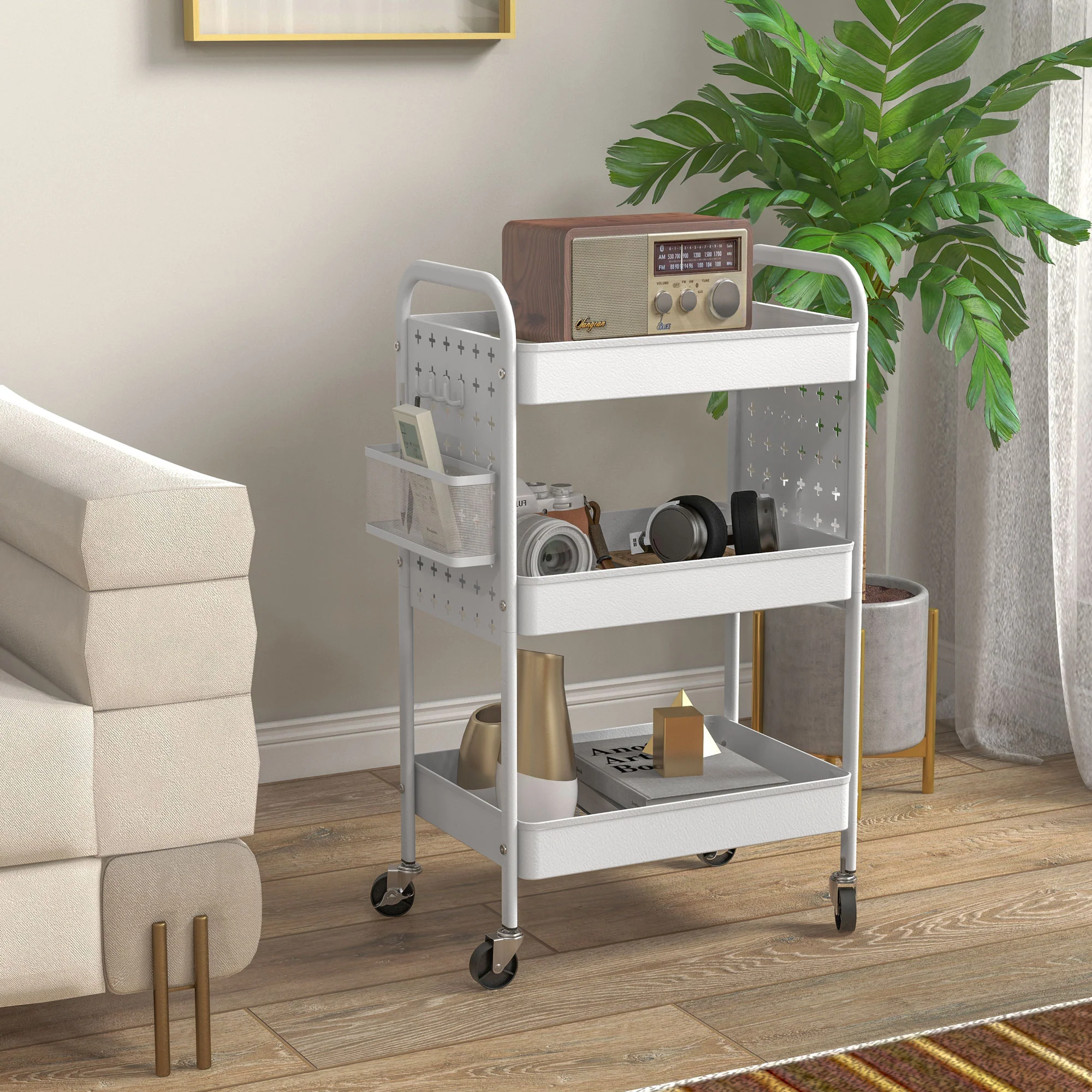 HOMCOM Rolling Utility Cart With 3 Mesh Basket, 2 Boxes, 6 Hooks For Kitchen/Bathroom - Image 2