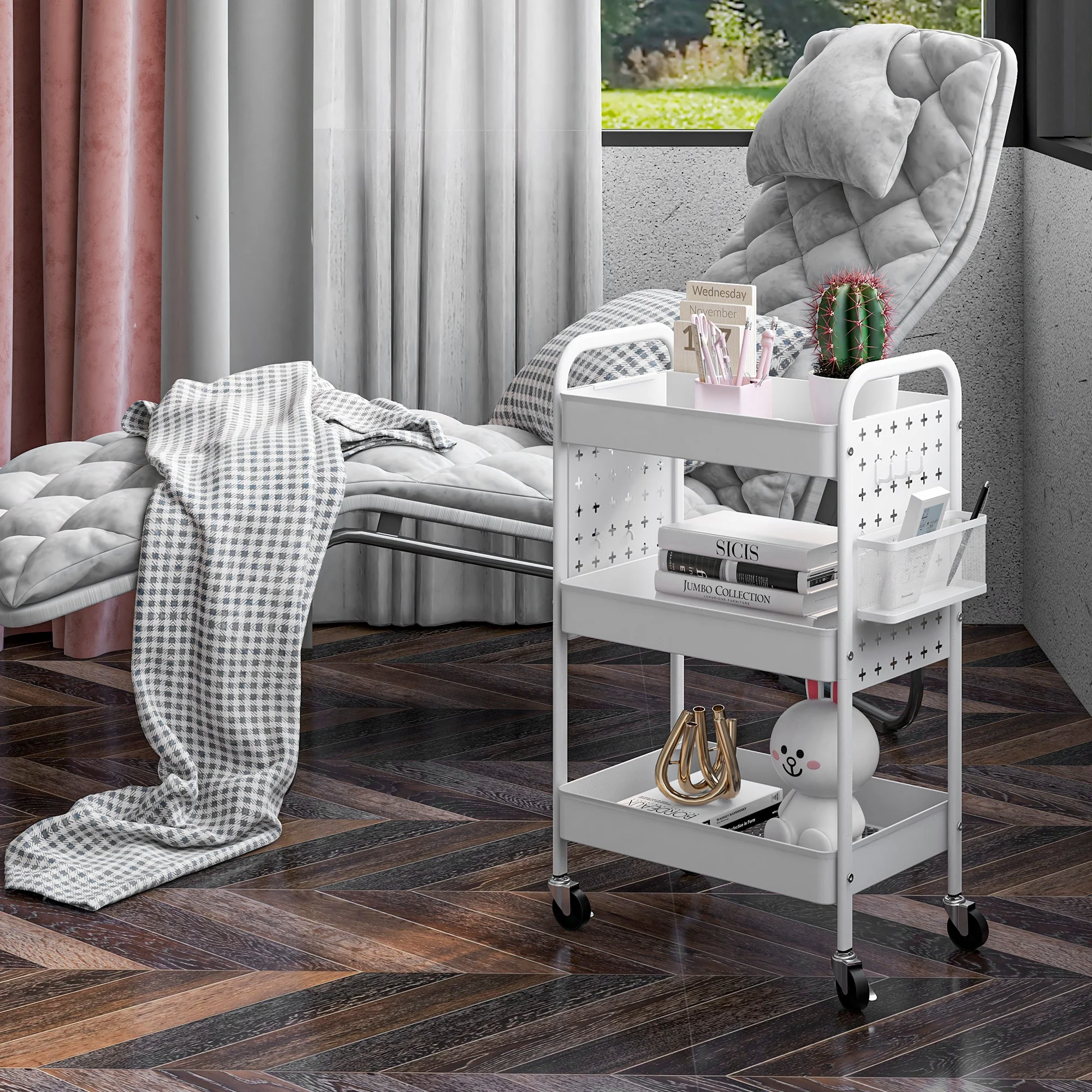 HOMCOM Rolling Utility Cart With 3 Mesh Basket, 2 Boxes, 6 Hooks For Kitchen/Bathroom - Image 7