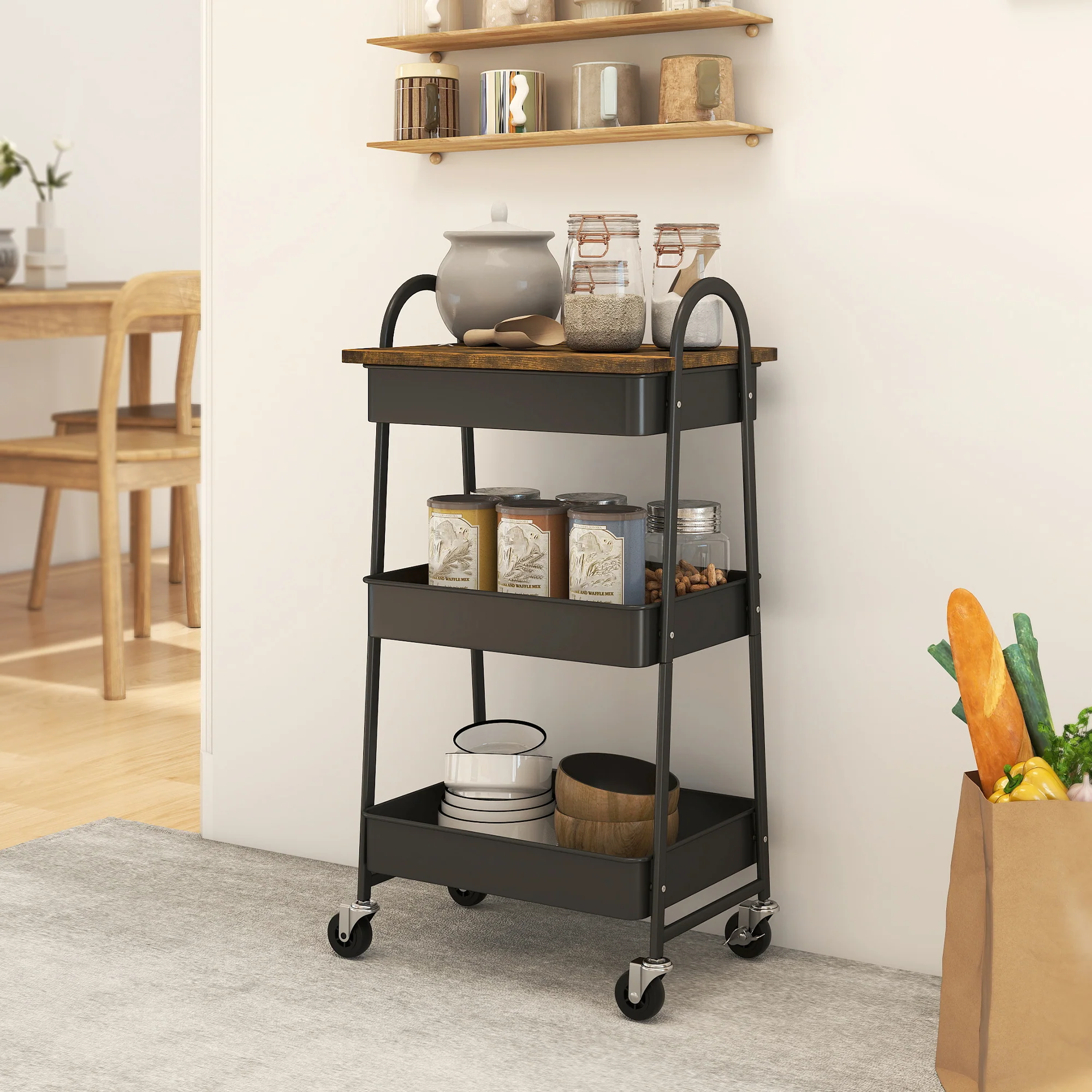 HOMCOM Rolling Utility Cart With Mesh Baskets For Kitchen Rustic Brown Black - Image 2