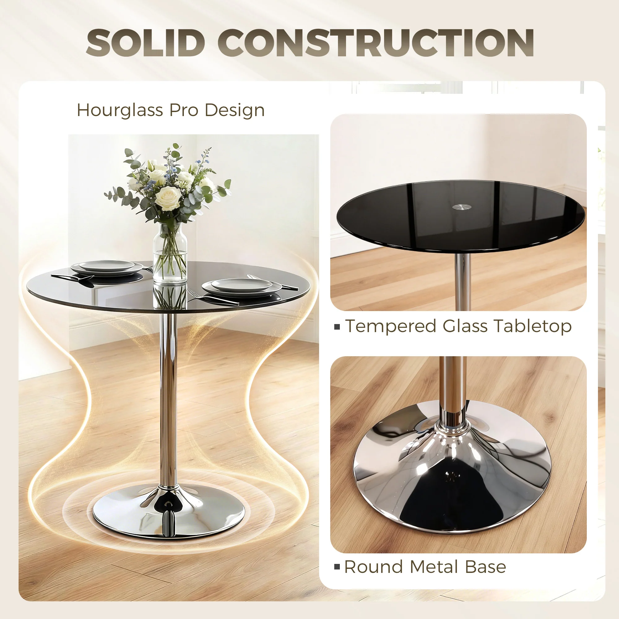 HOMCOM Round Bar Table, Dining Table With Tempered Glass Top And Steel Frame - Image 3