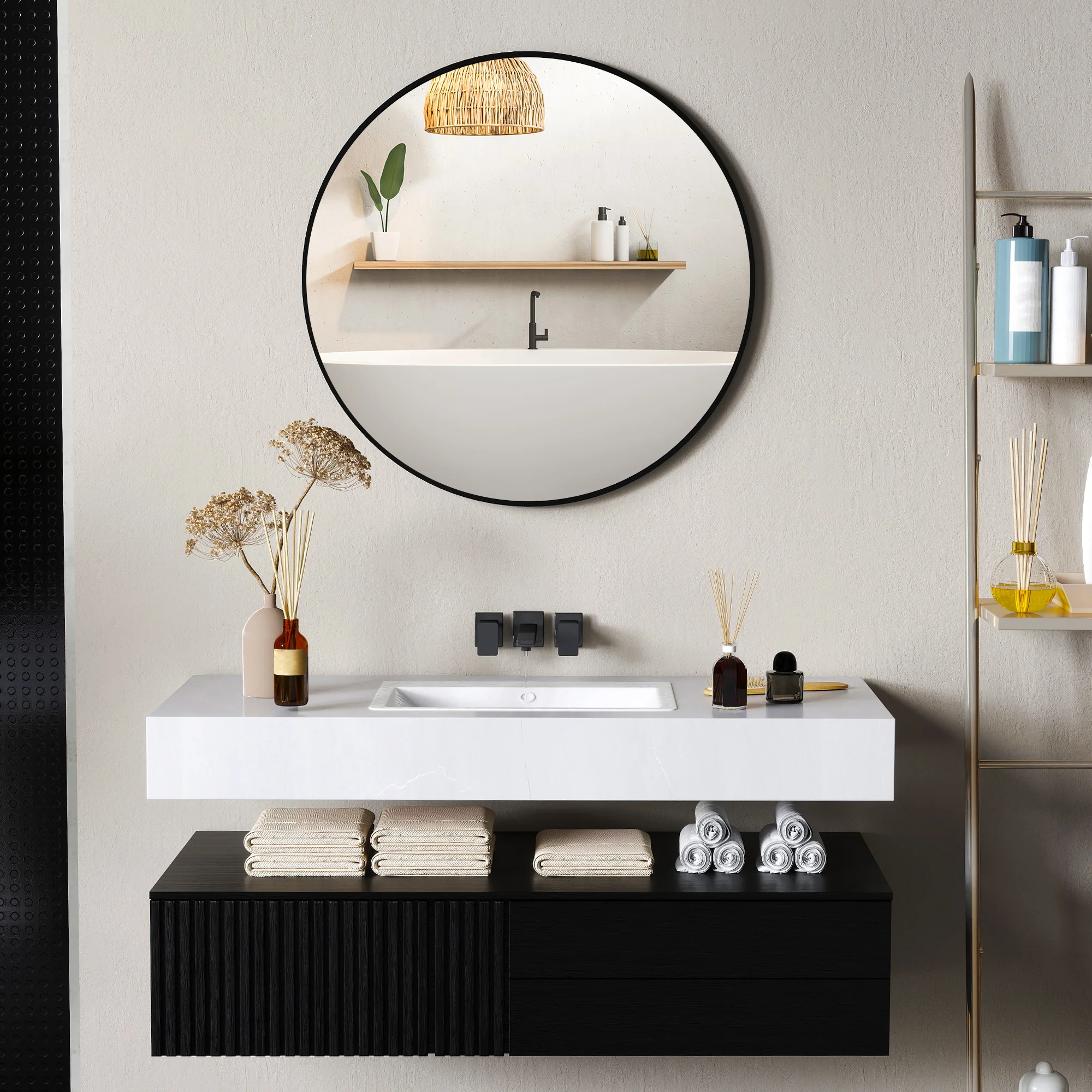HOMCOM Round Bathroom Mirror, Modern Wall Mirror With Steel Frame, Black - Image 2