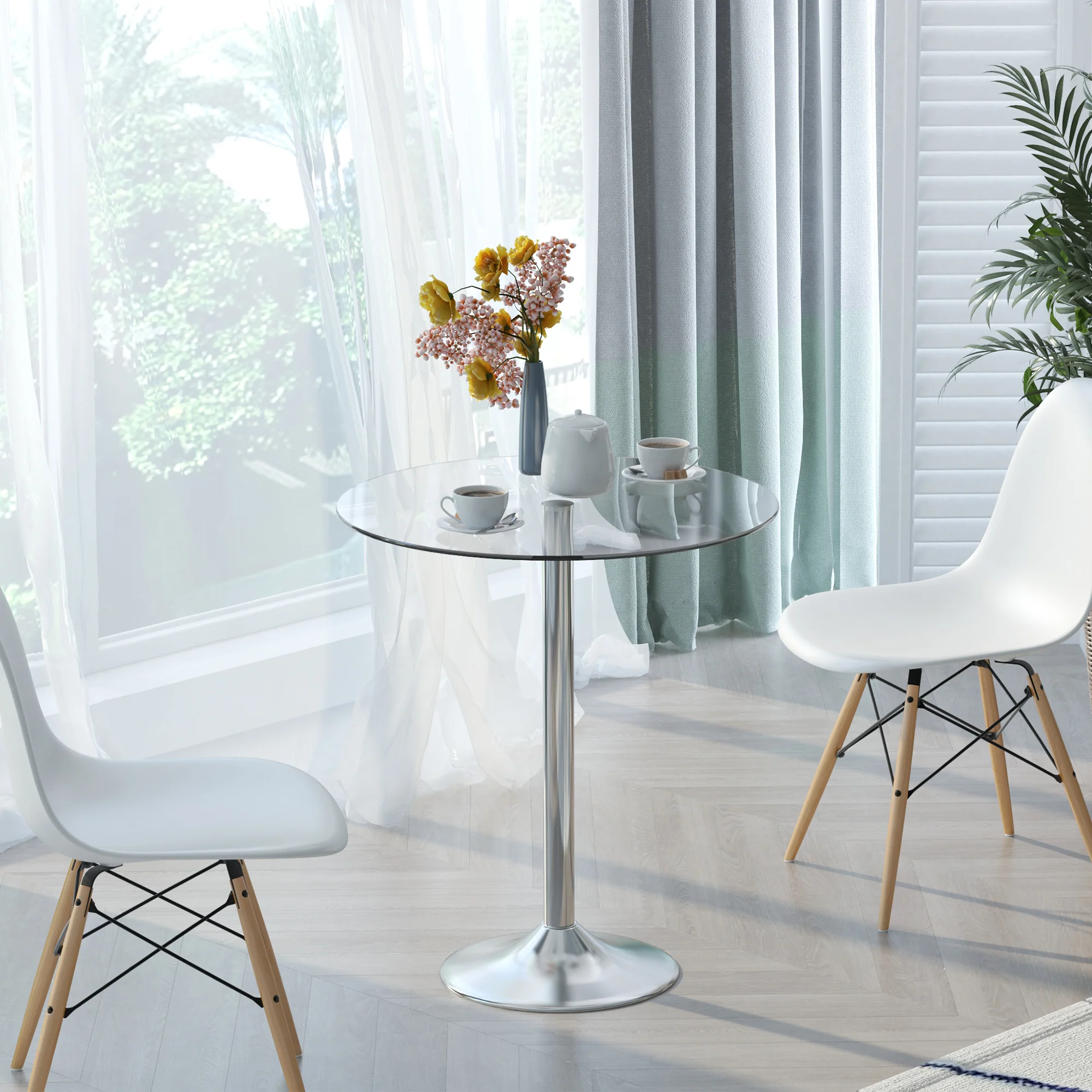 HOMCOM Round Dining Table Bistro Pub Counter w/ Tempered Glass Top for Kitchen - Image 2