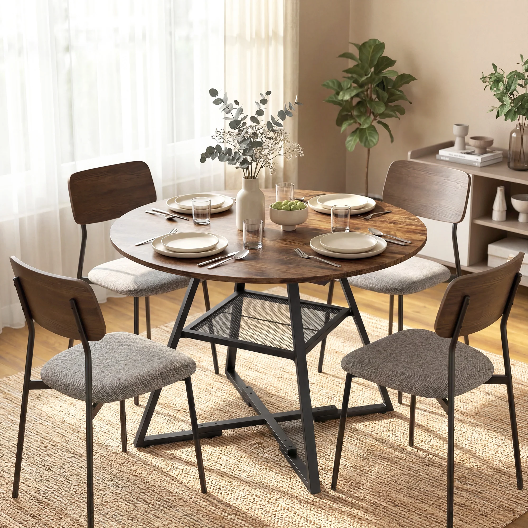 HOMCOM Round Dining Table For 4, 100 Cm Kitchen Table W/ Shelf, Rustic Brown - Image 2