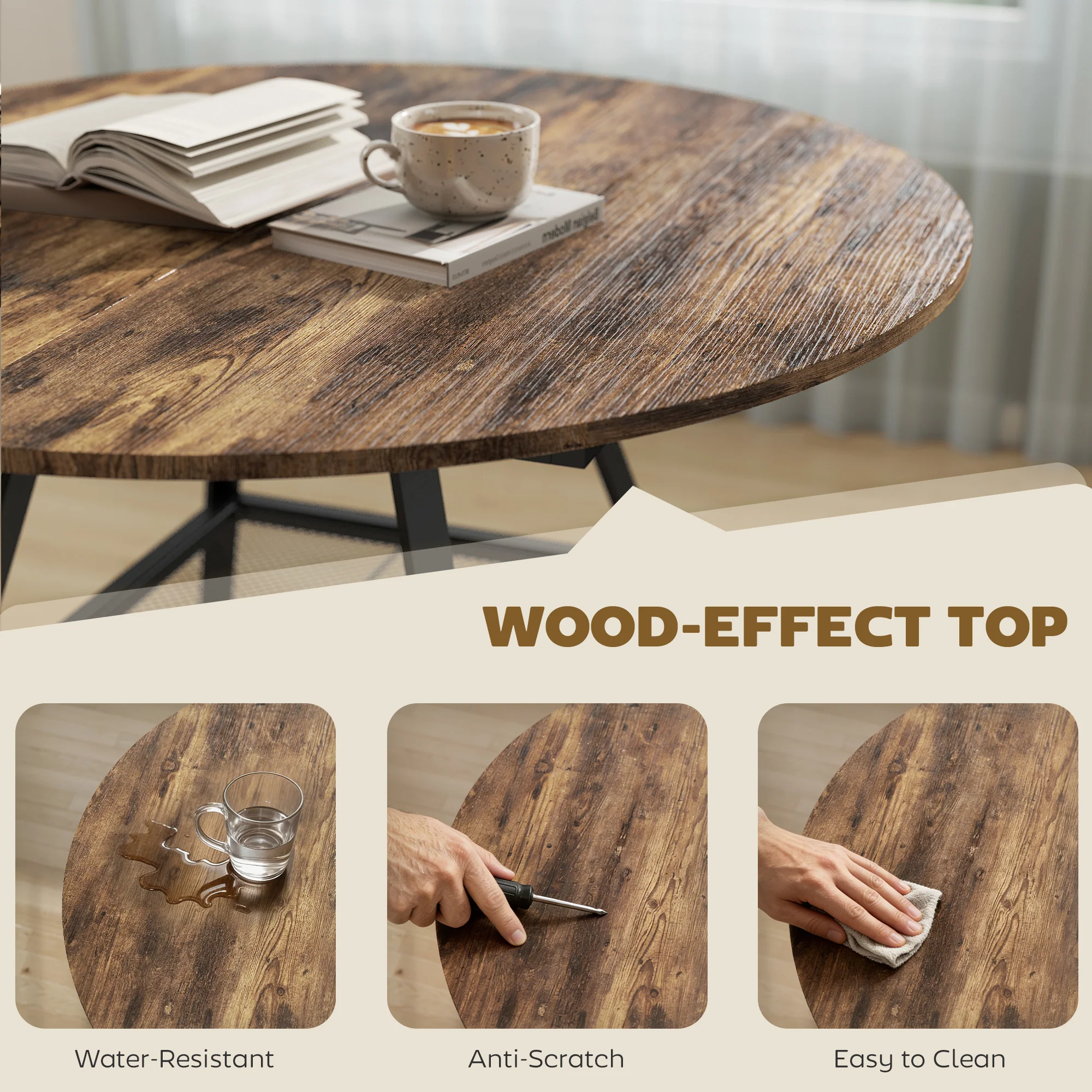 HOMCOM Round Dining Table For 4, 100 Cm Kitchen Table W/ Shelf, Rustic Brown - Image 6