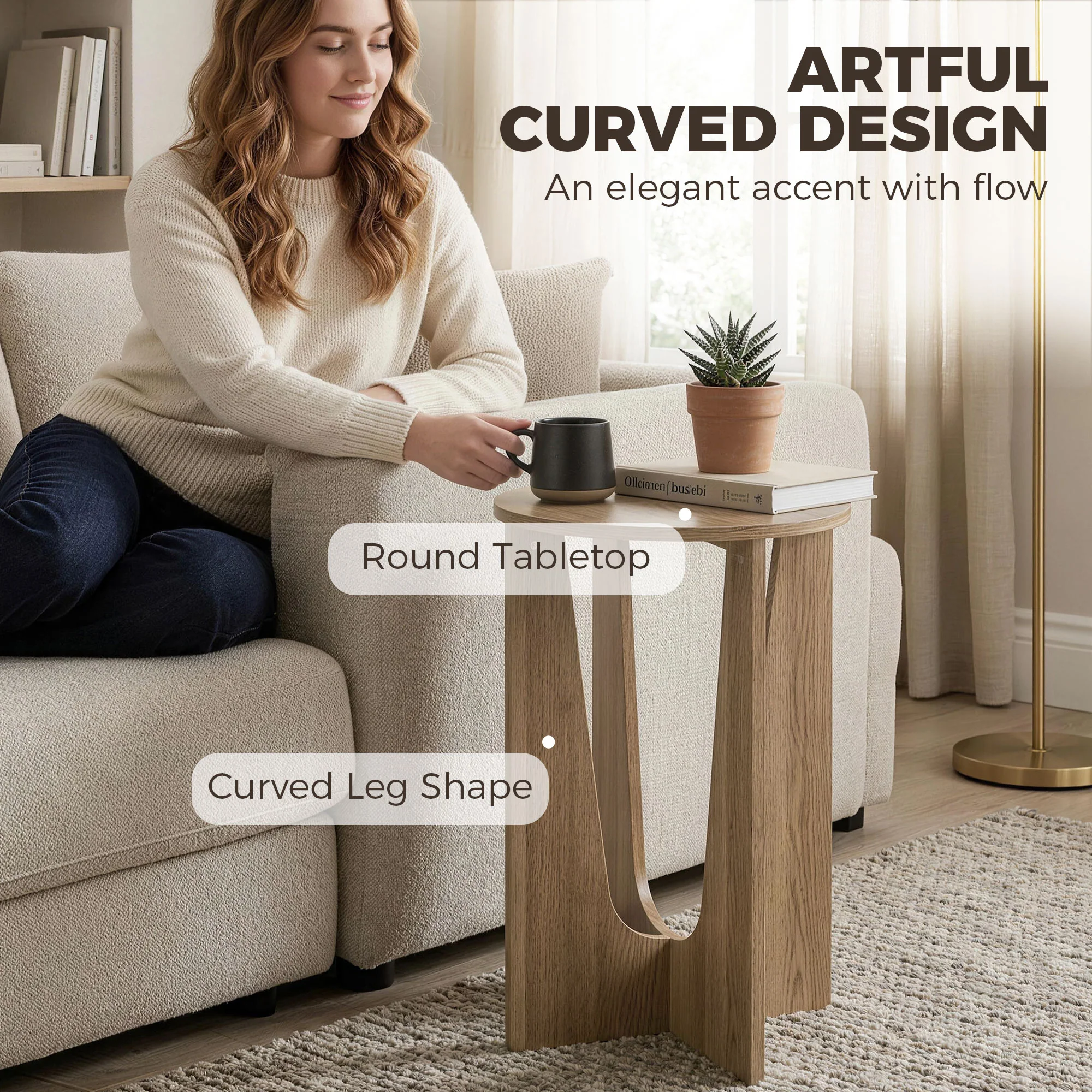 HOMCOM Round Side Table, End Table with Curved Legs Coffee Wood Effect - Image 3