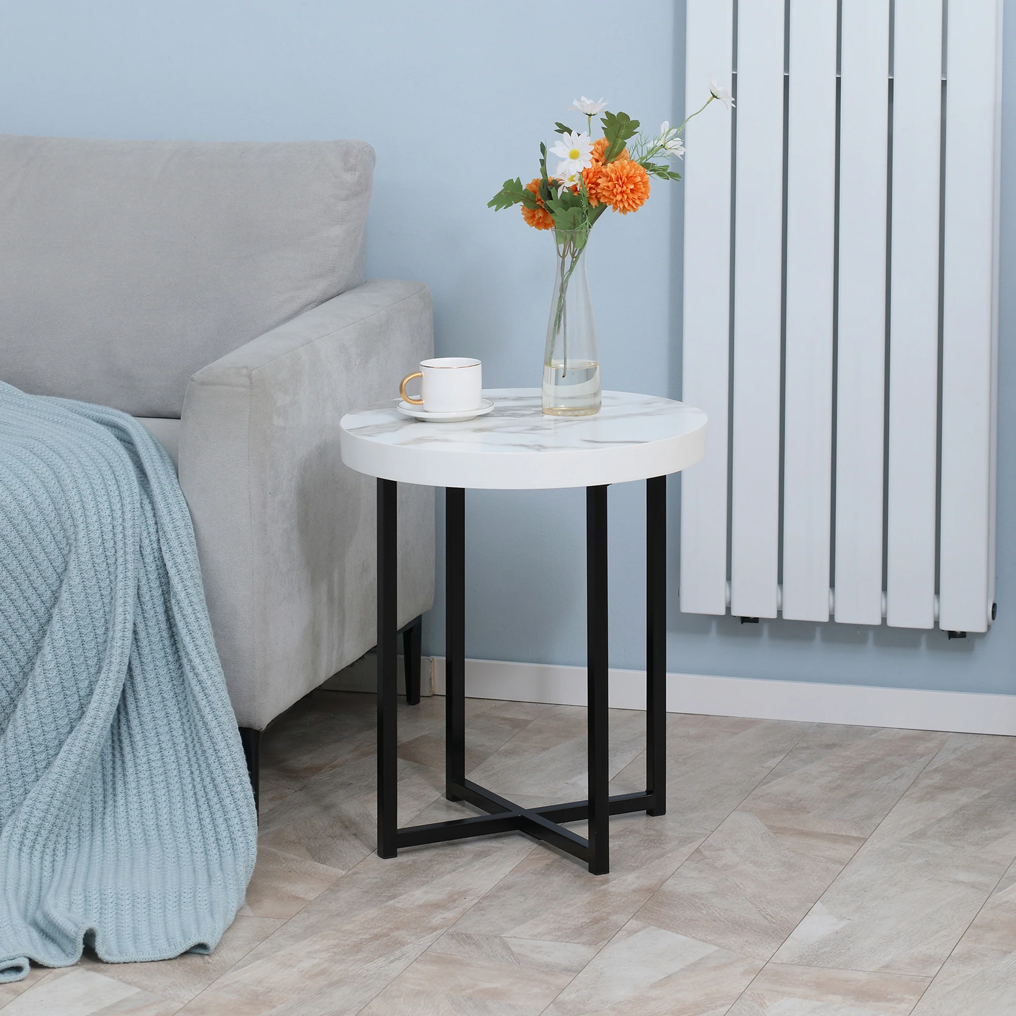 HOMCOM Round Side Table With Metal Legs, Modern End Table For Living Room White - Image 2