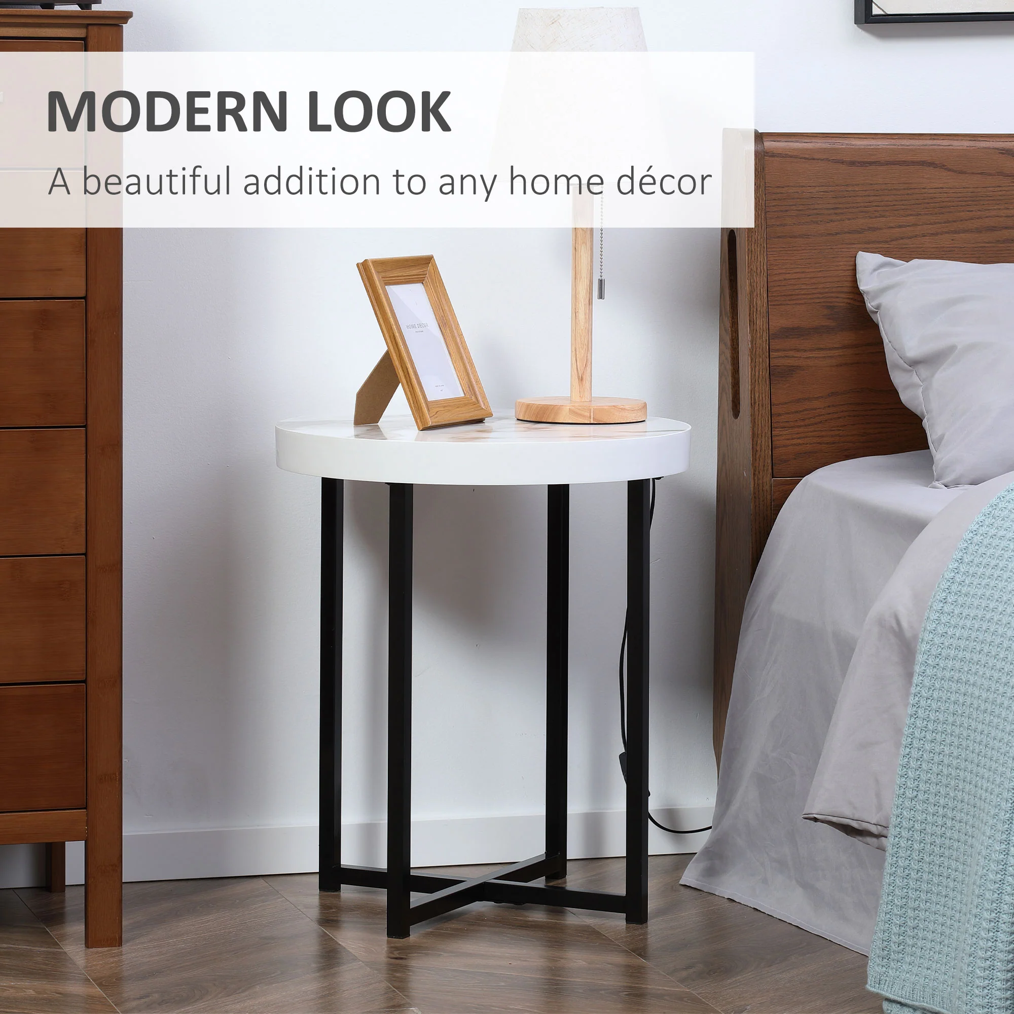HOMCOM Round Side Table With Metal Legs, Modern End Table For Living Room White - Image 3