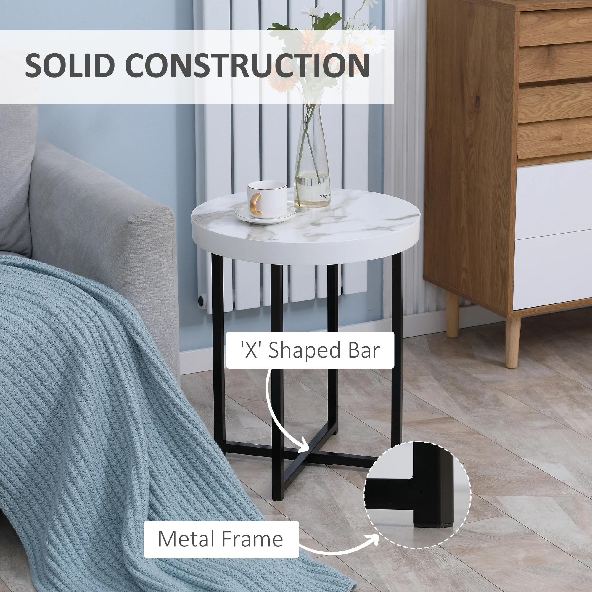 HOMCOM Round Side Table With Metal Legs, Modern End Table For Living Room White - Image 6