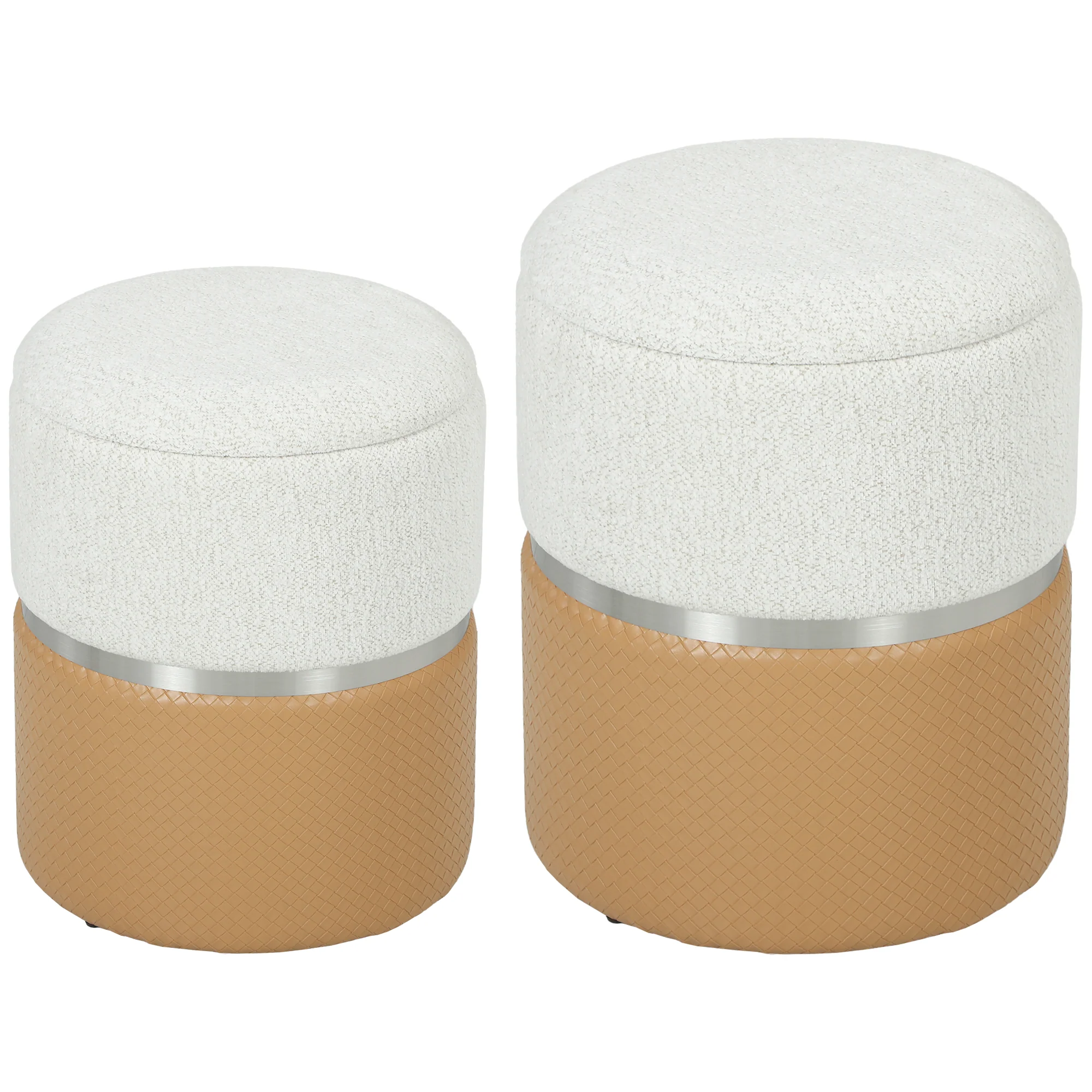 HOMCOM Round Storage Ottoman Set Of 2, Nesting Footrest Stool, Cream & Brown