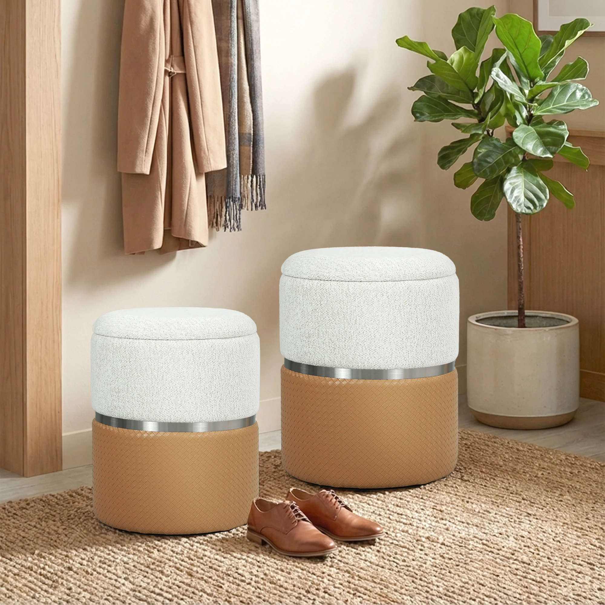HOMCOM Round Storage Ottoman Set Of 2, Nesting Footrest Stool, Cream & Brown - Image 2