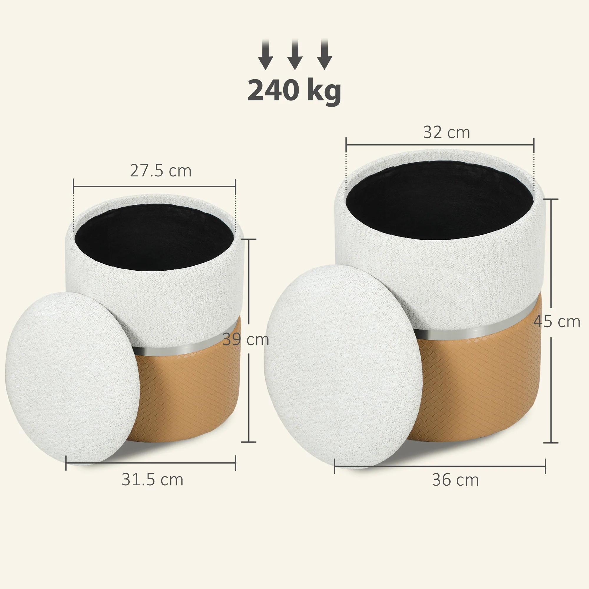 HOMCOM Round Storage Ottoman Set Of 2, Nesting Footrest Stool, Cream & Brown - Image 3