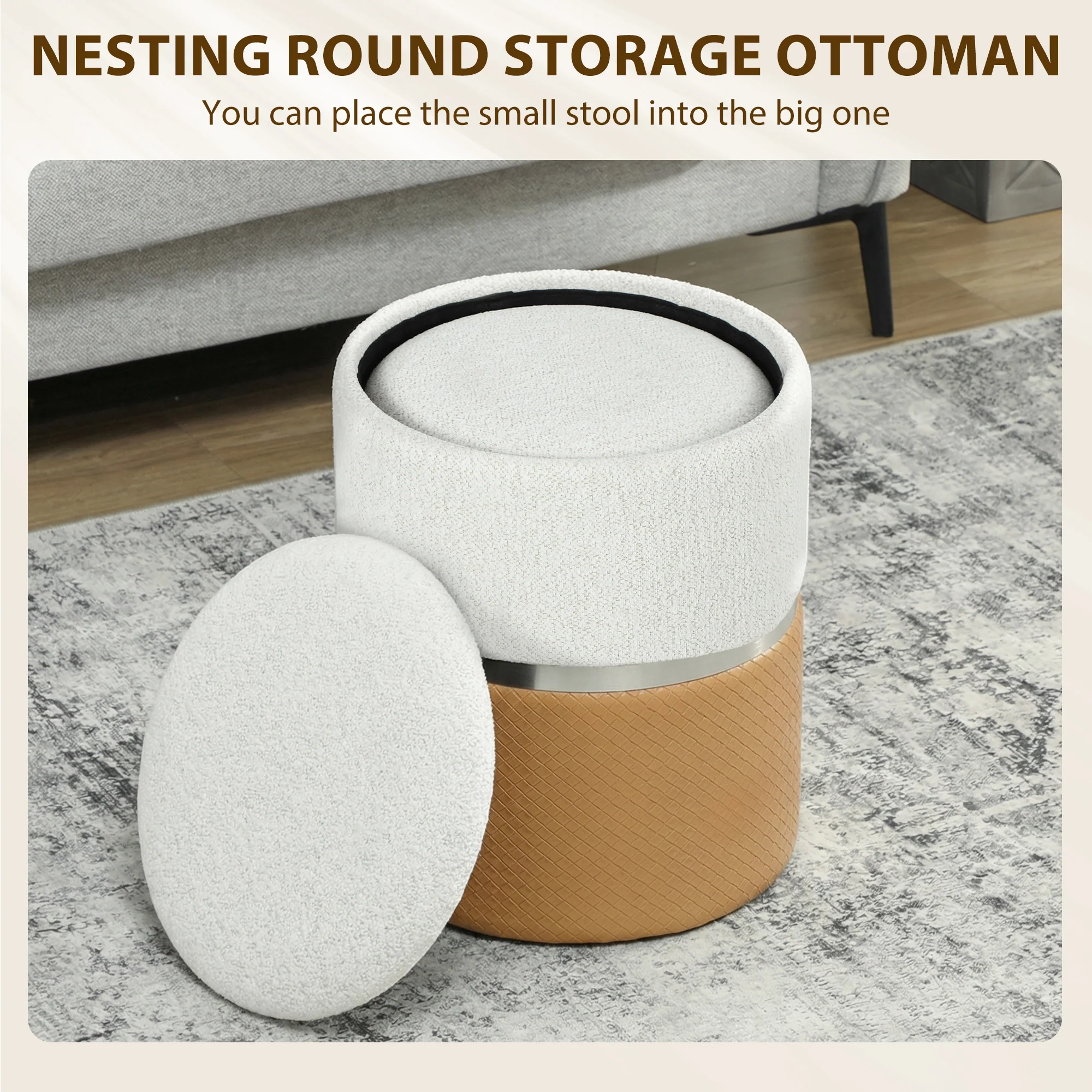 HOMCOM Round Storage Ottoman Set Of 2, Nesting Footrest Stool, Cream & Brown - Image 4