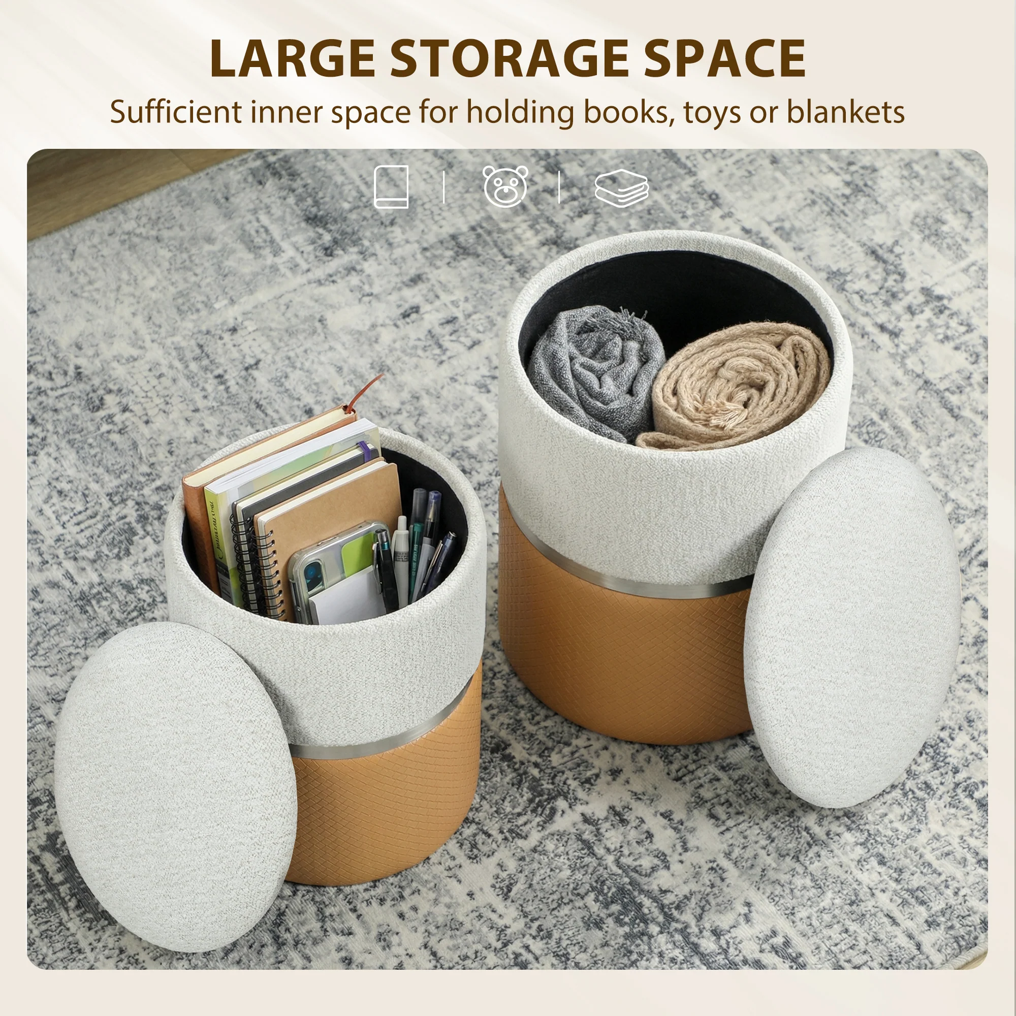 HOMCOM Round Storage Ottoman Set Of 2, Nesting Footrest Stool, Cream & Brown - Image 5