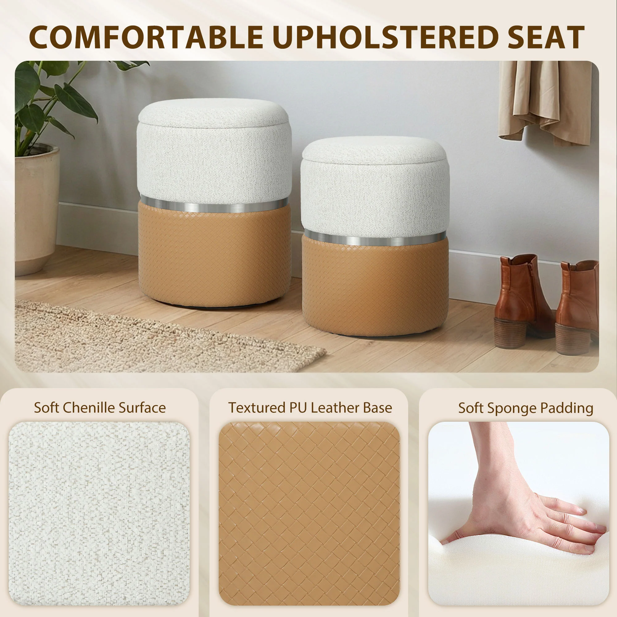 HOMCOM Round Storage Ottoman Set Of 2, Nesting Footrest Stool, Cream & Brown - Image 6