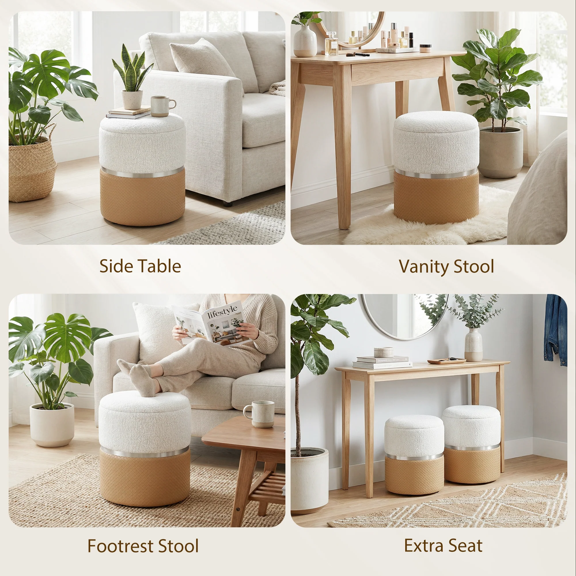 HOMCOM Round Storage Ottoman Set Of 2, Nesting Footrest Stool, Cream & Brown - Image 7