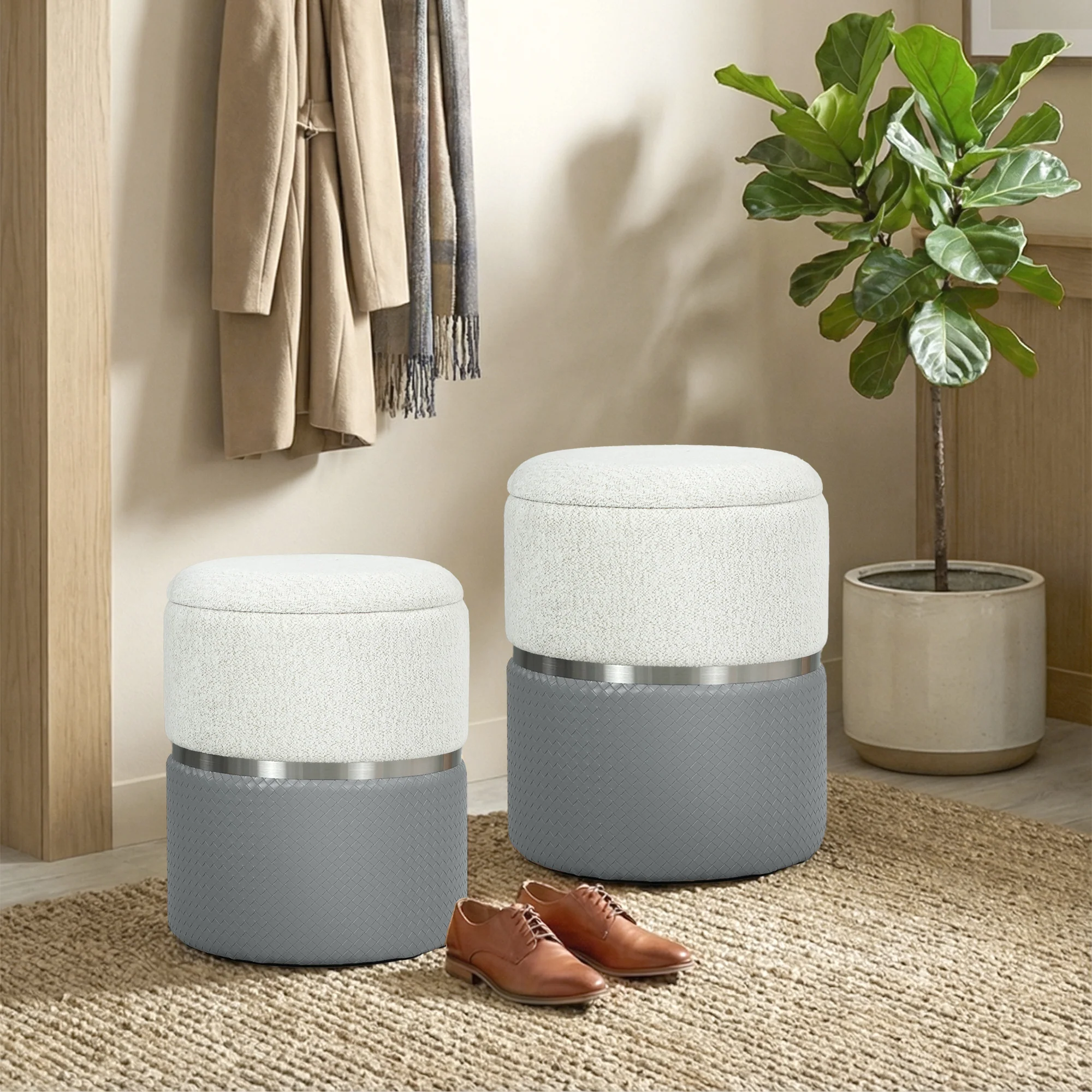HOMCOM Round Storage Ottoman Set Of 2, Nesting Footrest Stool, Cream & Grey - Image 2