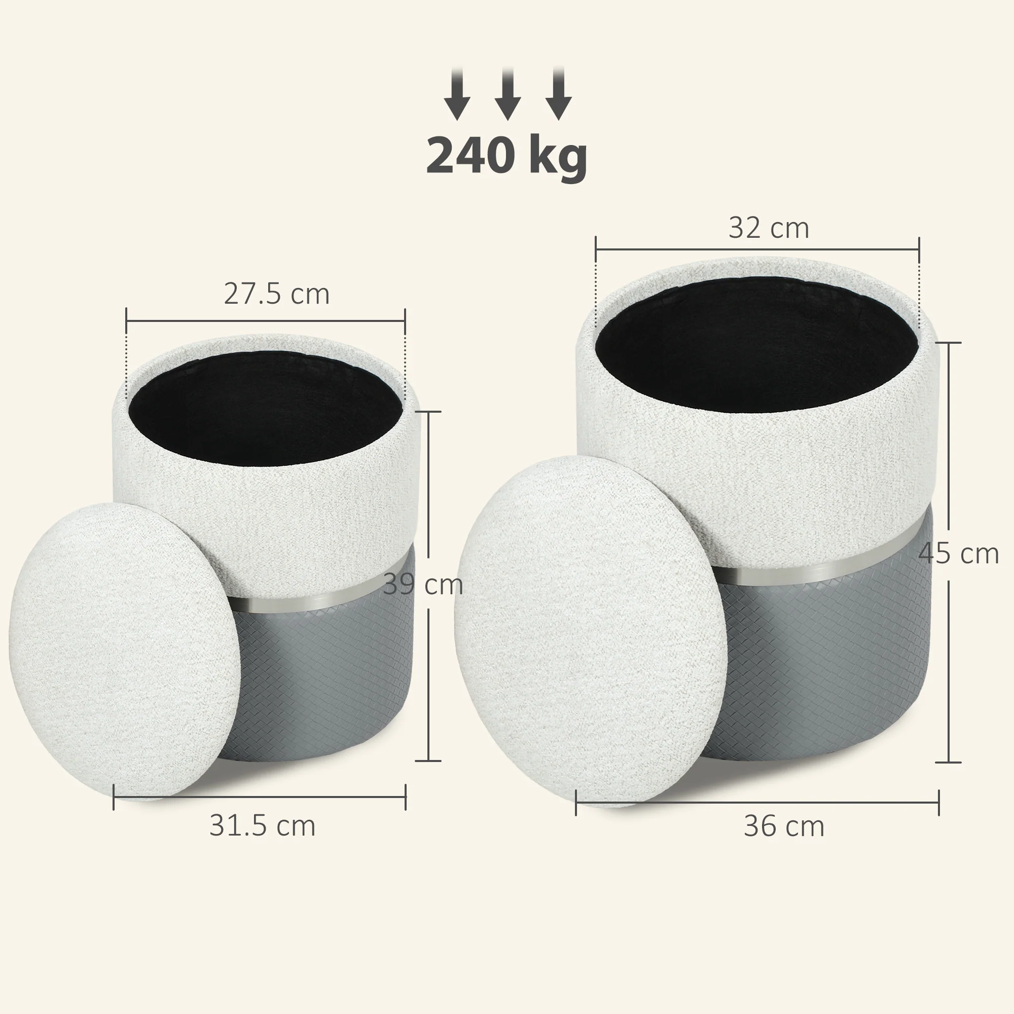 HOMCOM Round Storage Ottoman Set Of 2, Nesting Footrest Stool, Cream & Grey - Image 3