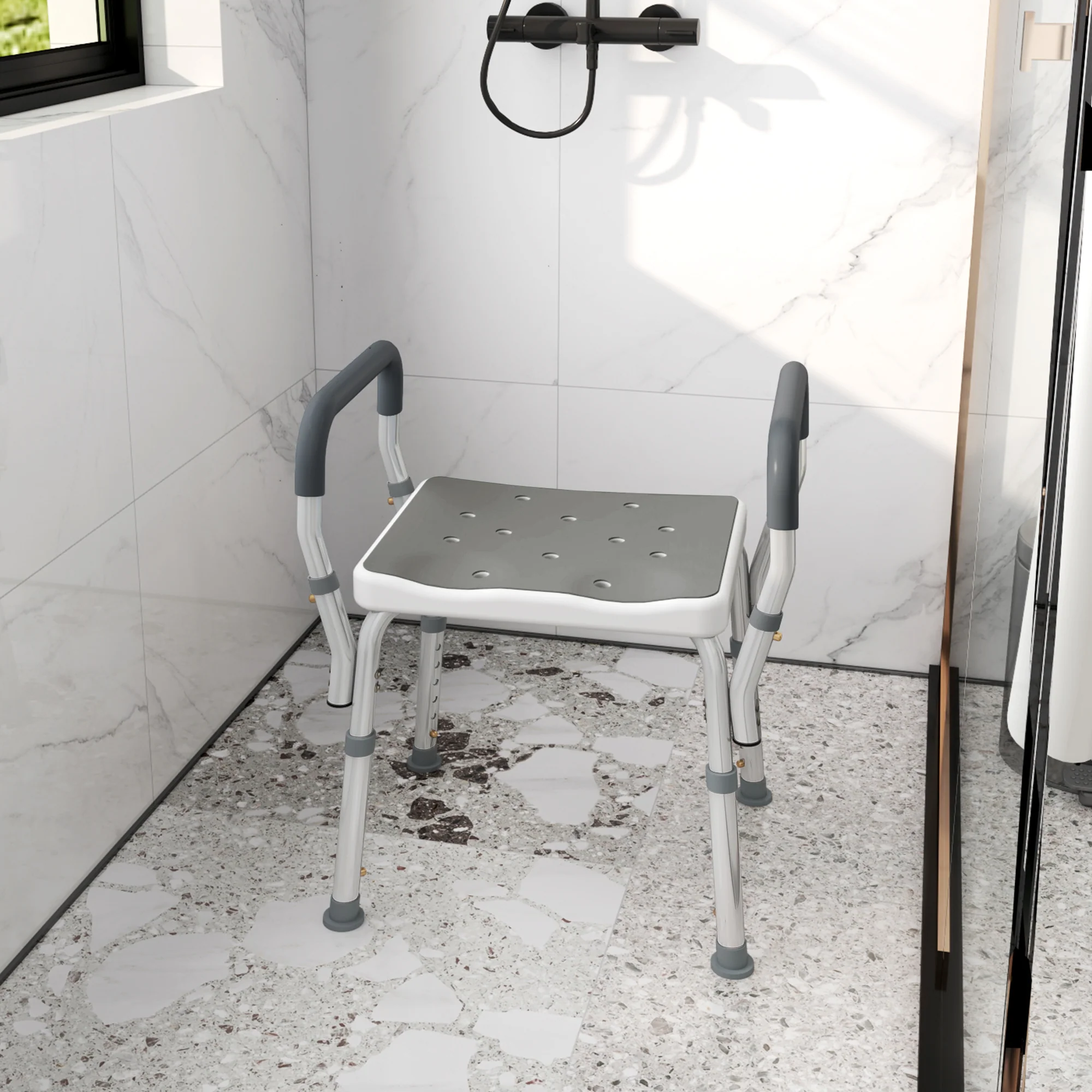 HOMCOM Rust-Free Aluminium Bath Chair With Adjustable Height, Grey - Image 9