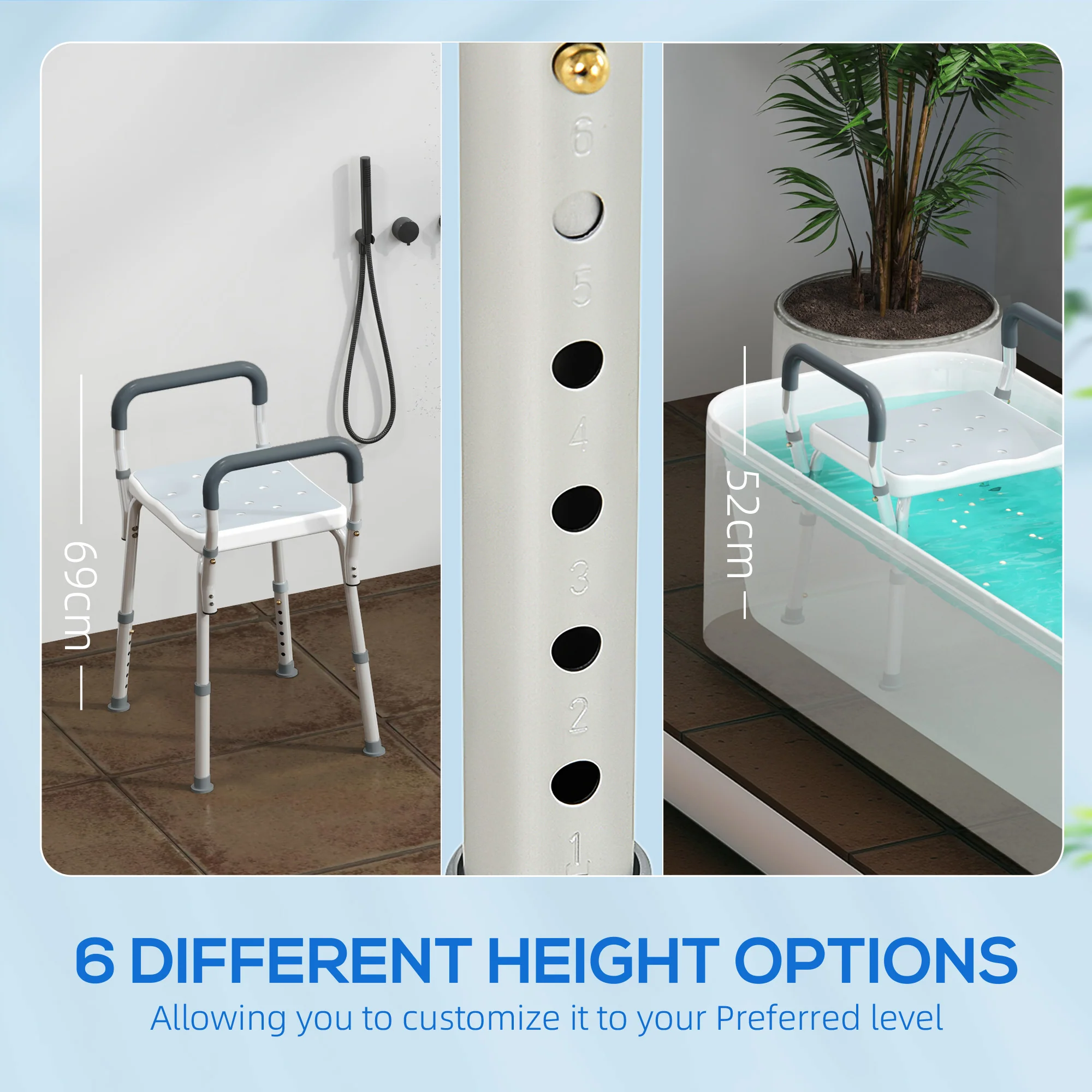 HOMCOM Rust-Free Aluminium Bath Chair With Adjustable Height, Light Blue - Image 3