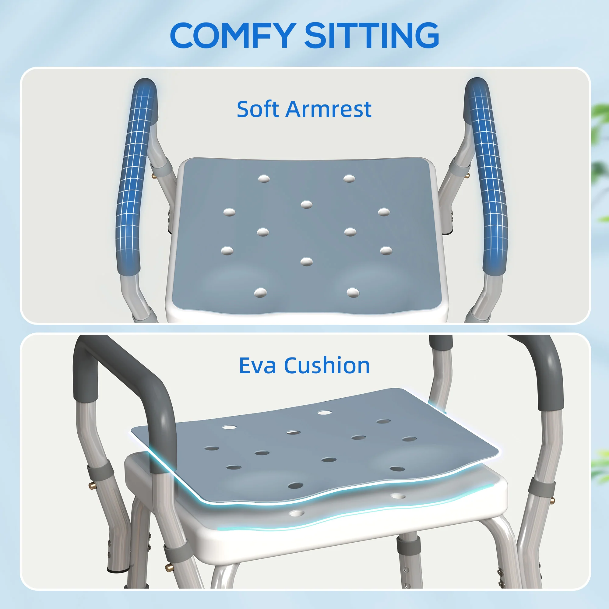 HOMCOM Rust-Free Aluminium Bath Chair With Adjustable Height, Light Blue - Image 4
