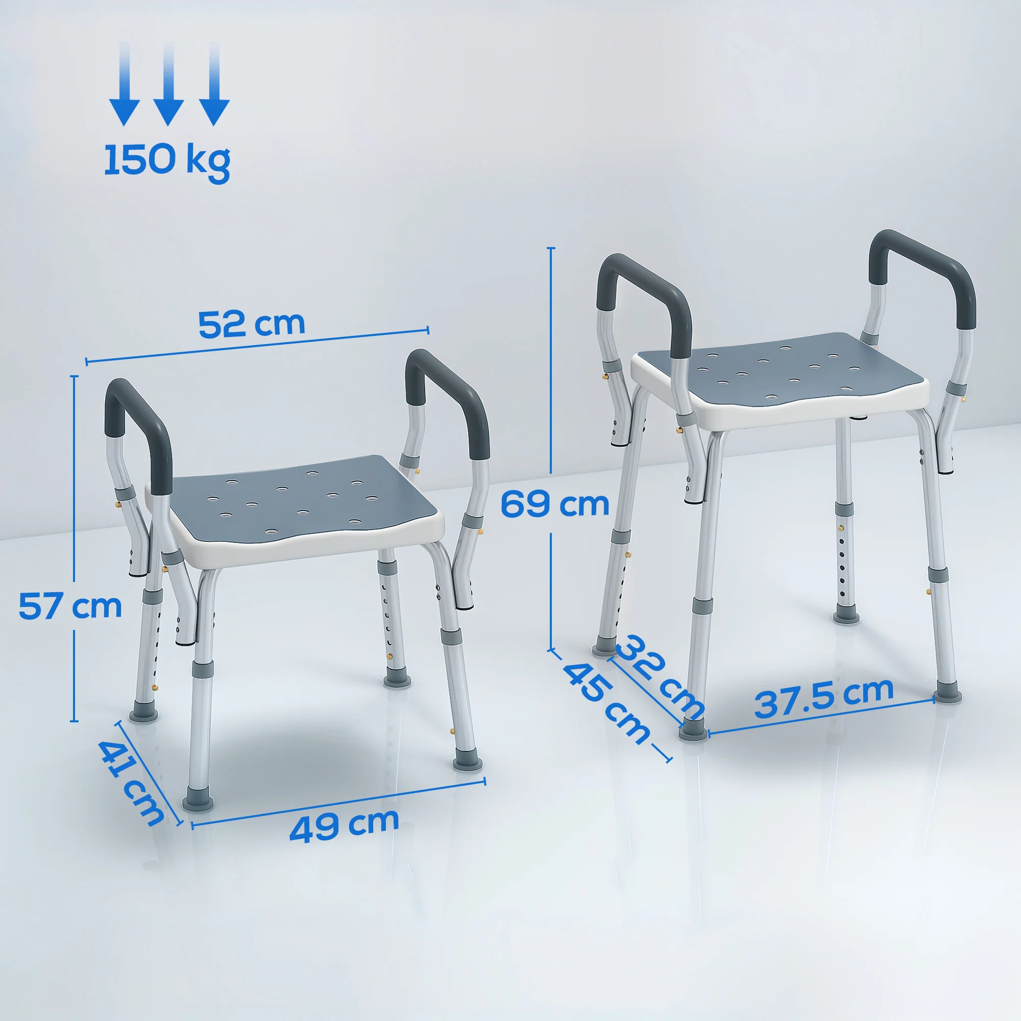 HOMCOM Rust-Free Aluminium Bath Chair With Adjustable Height, Light Blue - Image 5