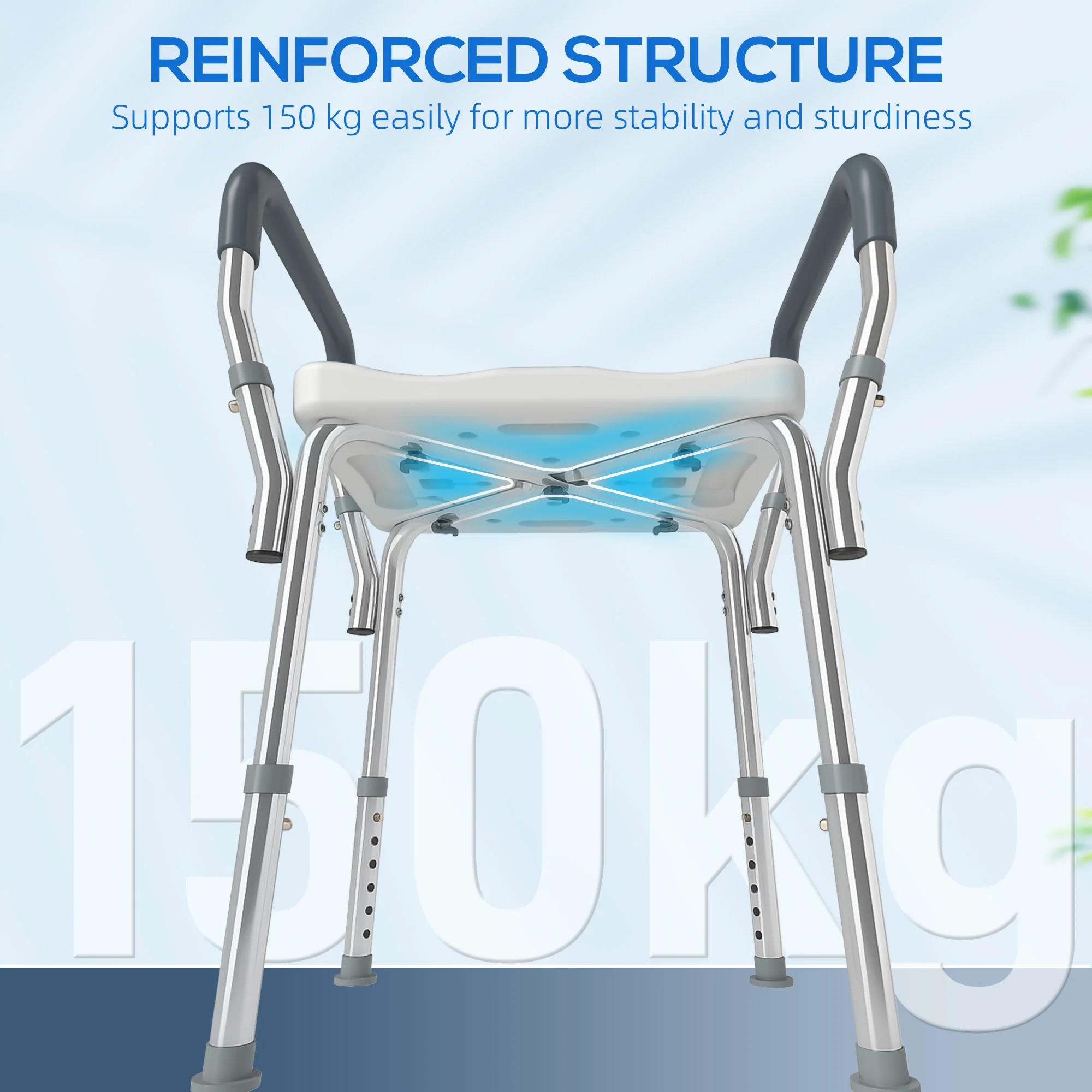 HOMCOM Rust-Free Aluminium Bath Chair With Adjustable Height, Light Blue - Image 8