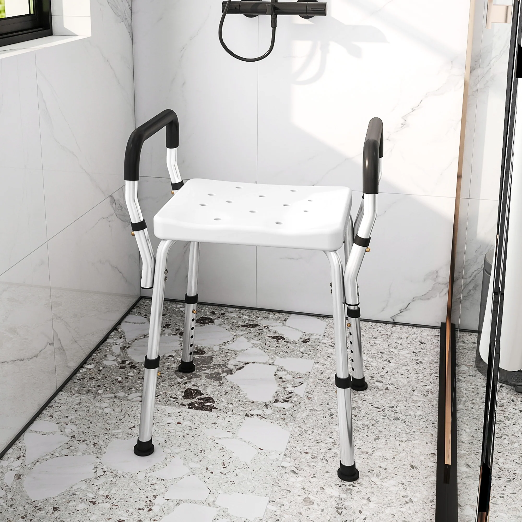 HOMCOM Rust-Free Aluminium Bath Chair With Adjustable Height, White - Image 2