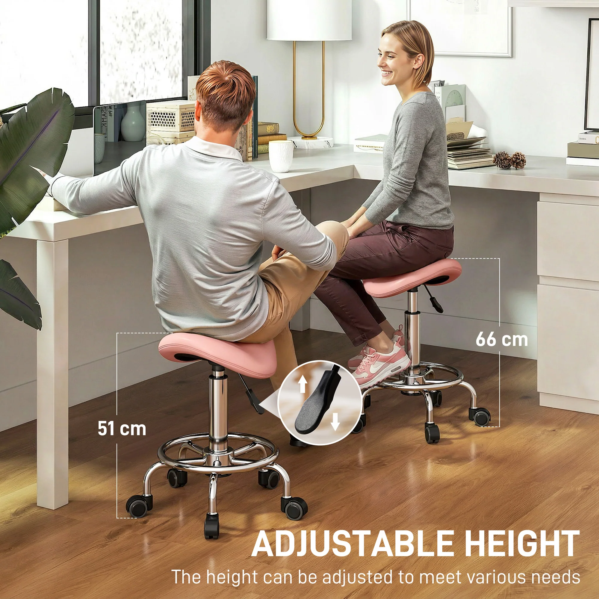 HOMCOM Saddle Chair, Rolling Salon Stool for Massage Spa, Pink - Image 3