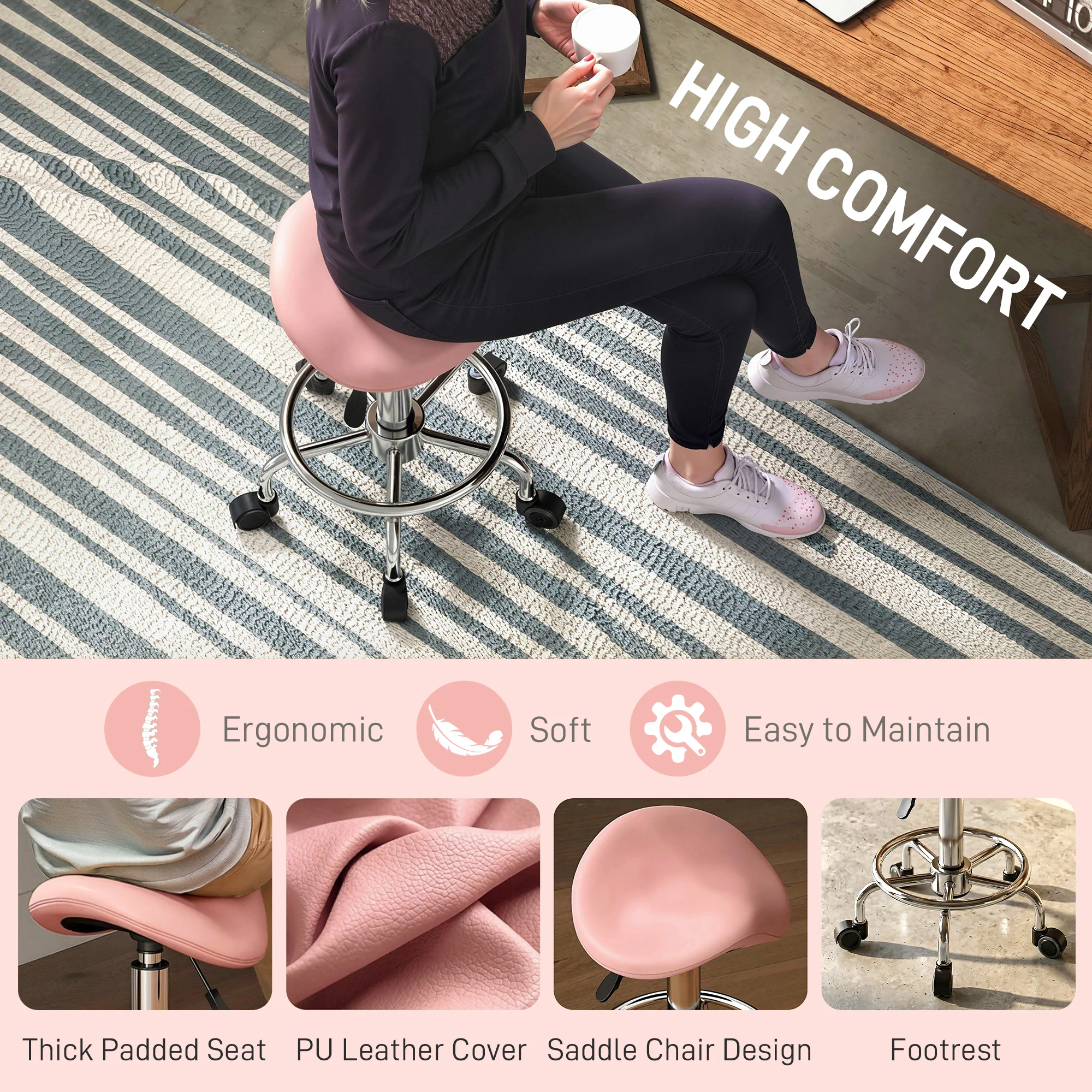 HOMCOM Saddle Chair, Rolling Salon Stool for Massage Spa, Pink - Image 4