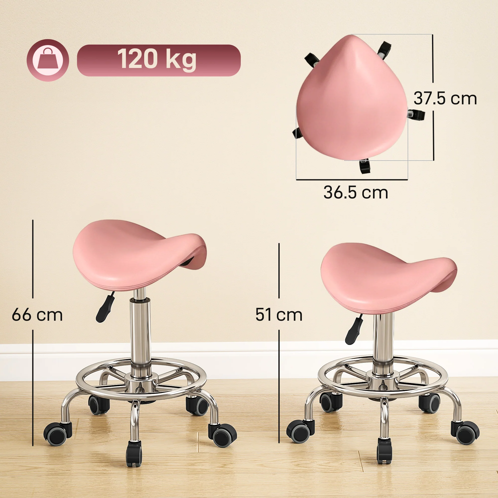 HOMCOM Saddle Chair, Rolling Salon Stool for Massage Spa, Pink - Image 5