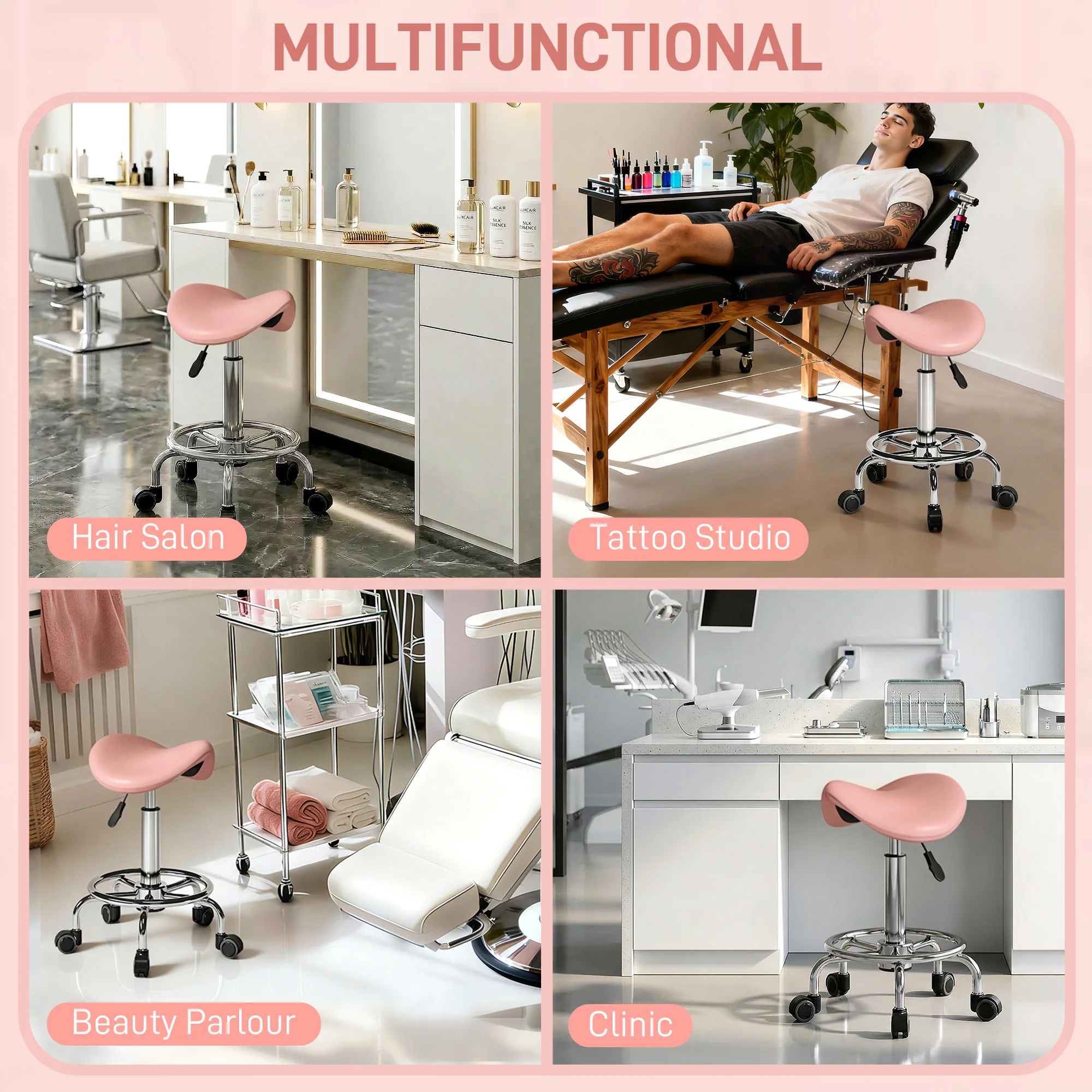HOMCOM Saddle Chair, Rolling Salon Stool for Massage Spa, Pink - Image 7