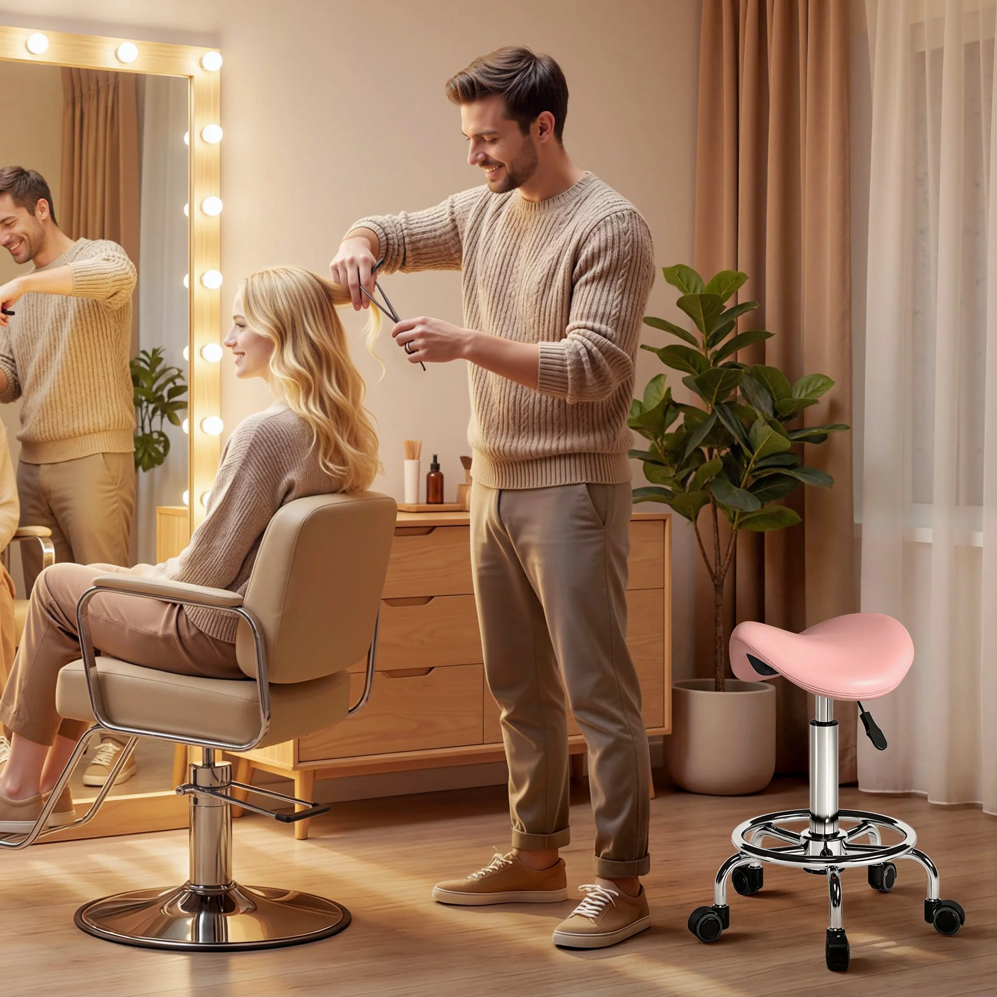 HOMCOM Saddle Chair, Rolling Salon Stool for Massage Spa, Pink - Image 8