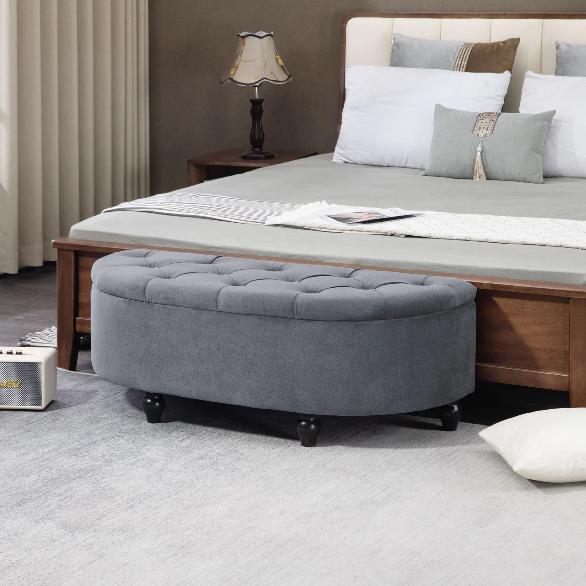 HOMCOM Semi-Circle Storage Ottoman Bench Tufted Upholstered Accent Footrest - Image 11