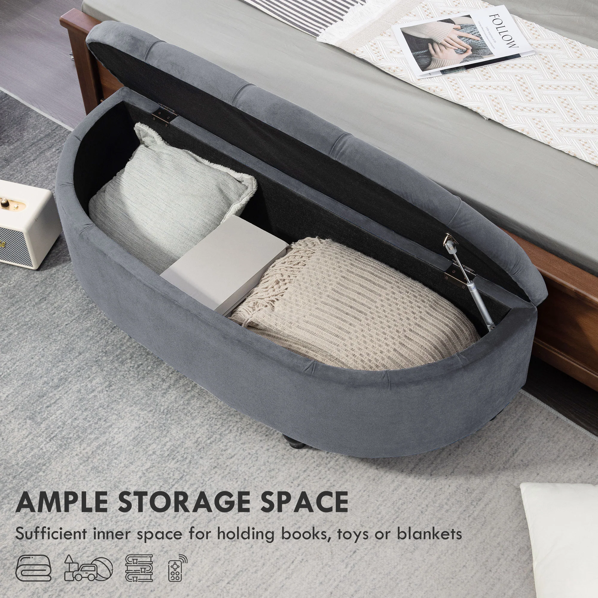 HOMCOM Semi-Circle Storage Ottoman Bench Tufted Upholstered Accent Footrest - Image 12