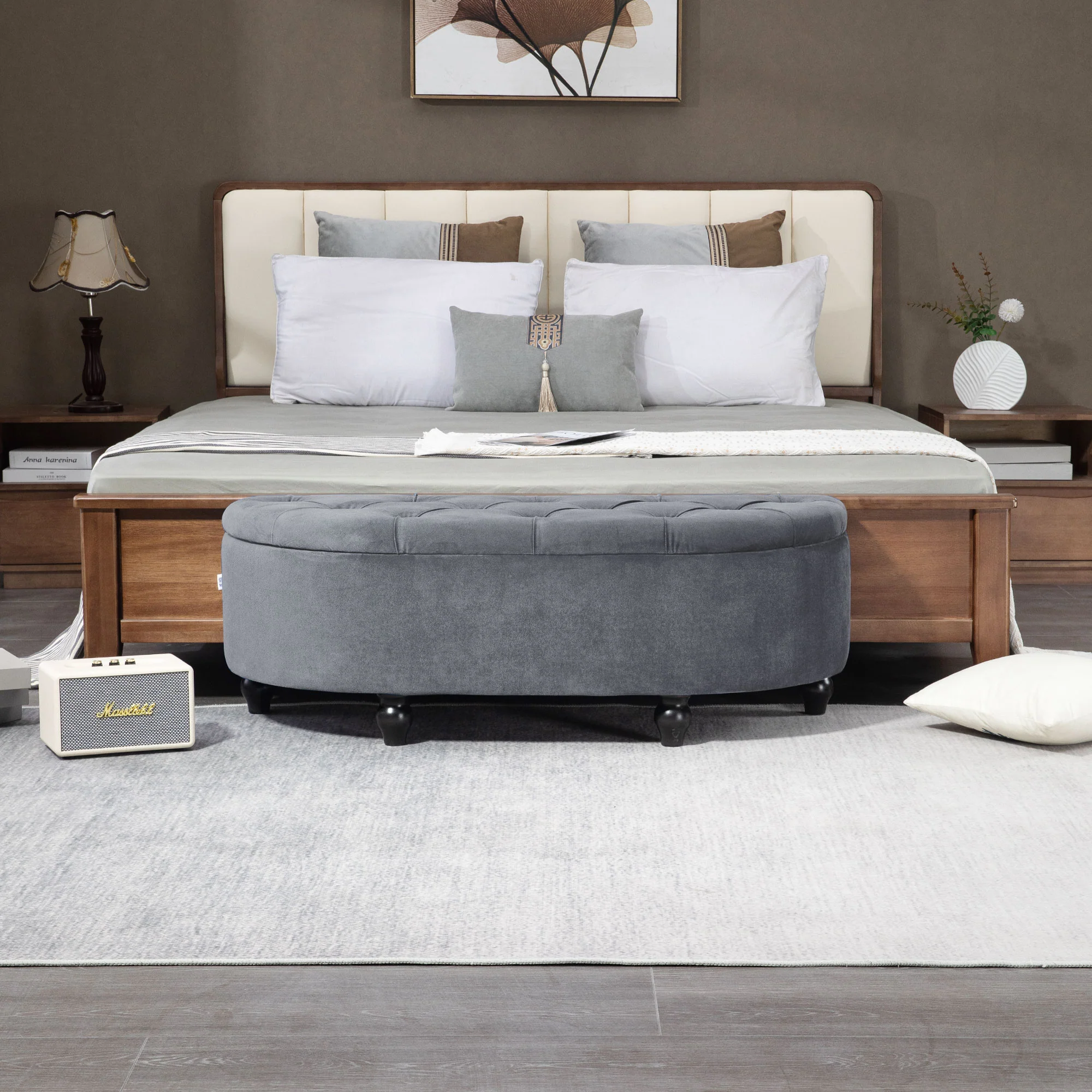 HOMCOM Semi-Circle Storage Ottoman Bench Tufted Upholstered Accent Footrest - Image 18