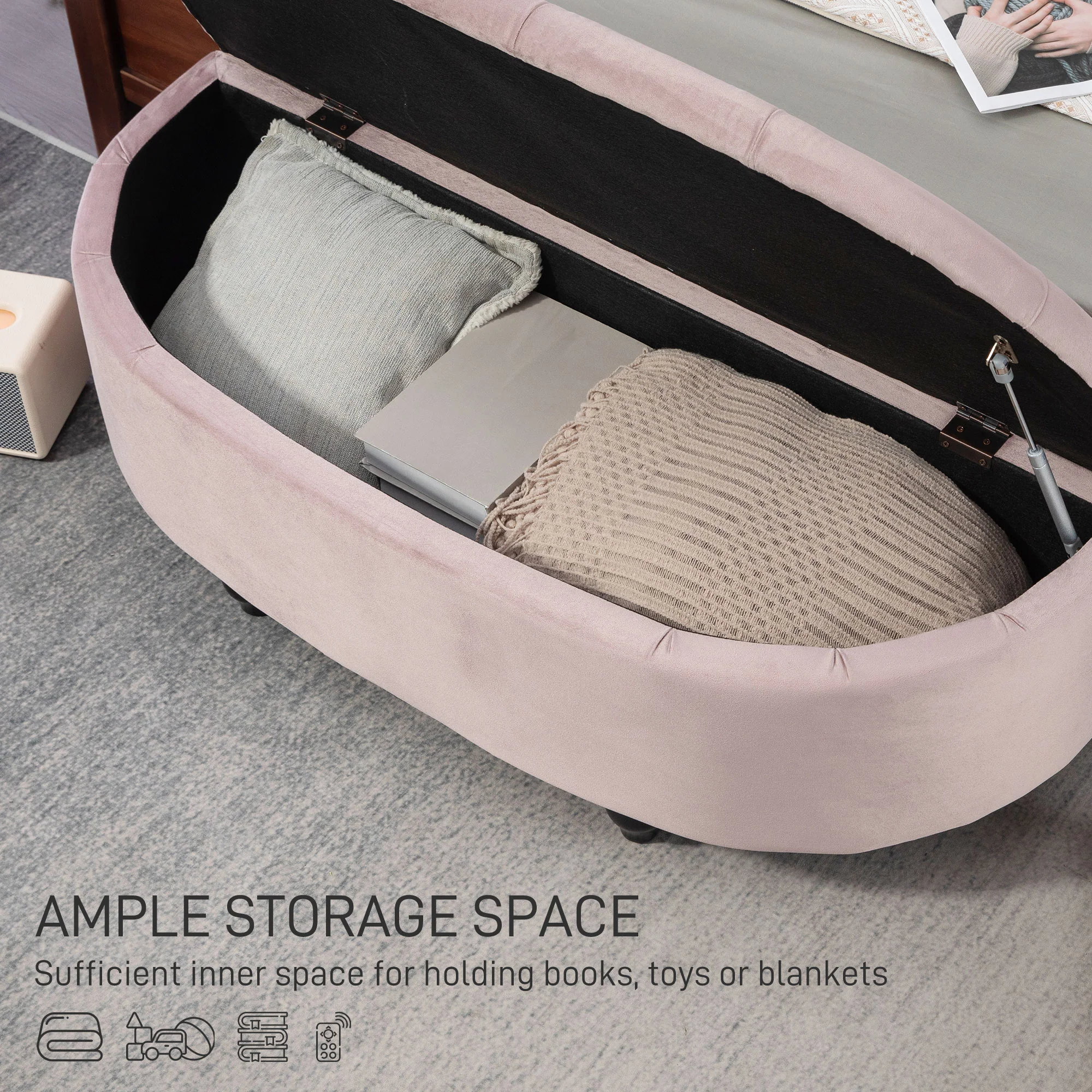 HOMCOM Semi-Circle Storage Ottoman Bench Tufted Upholstered Accent Footrest - Image 3