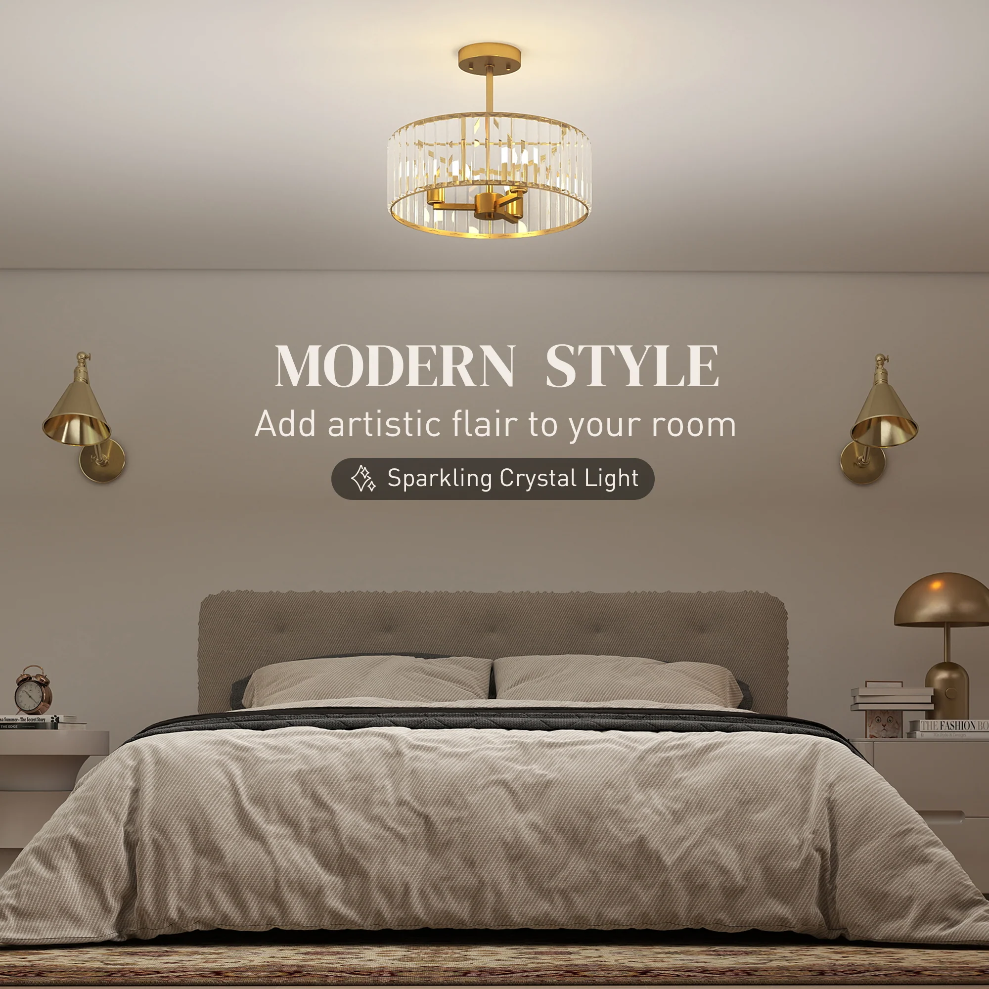 HOMCOM Semi Flush Mount Modern Crystal Chandelier Ceiling Light - Image 3