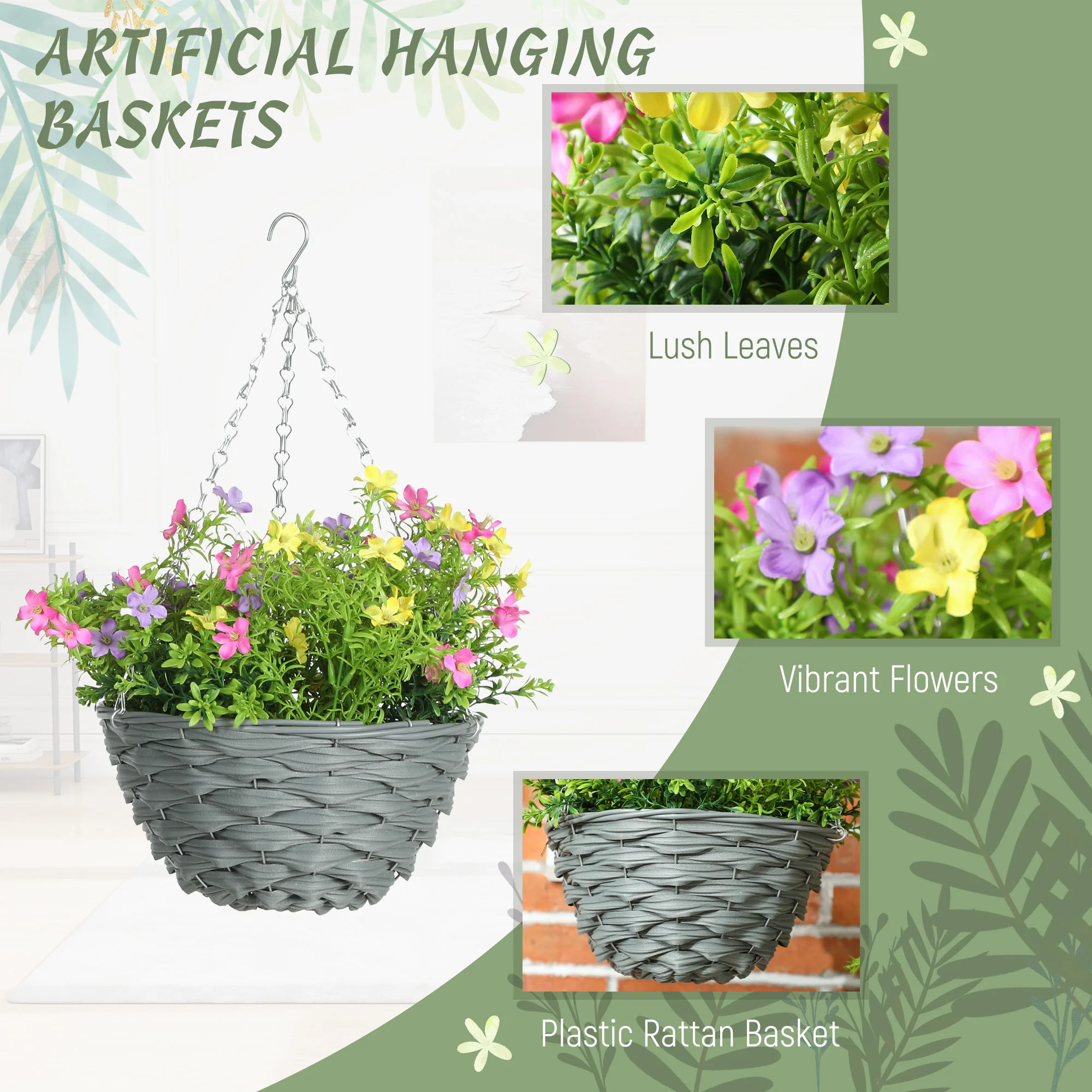 HOMCOM Set Of 2 Artificial Cosmos Flowers, Hanging Planters With Basket - Image 3