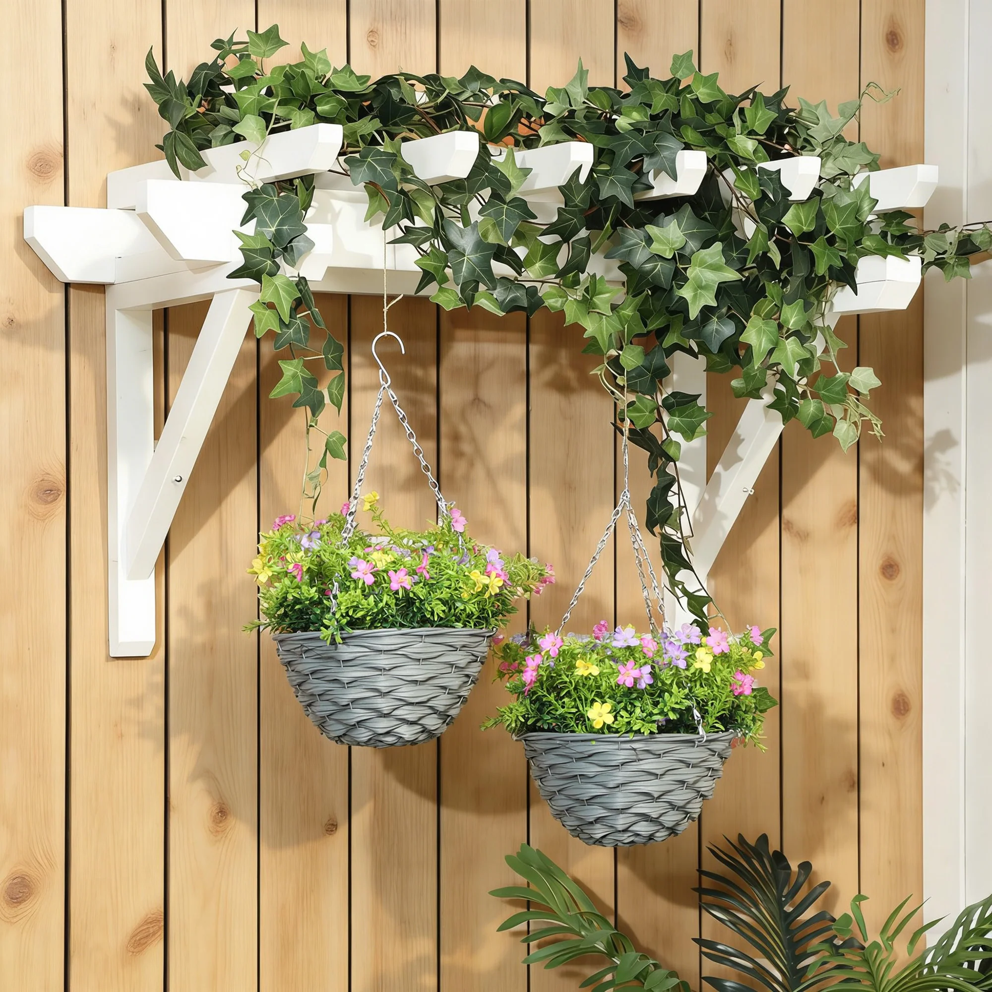 HOMCOM Set Of 2 Artificial Cosmos Flowers, Hanging Planters With Basket - Image 7
