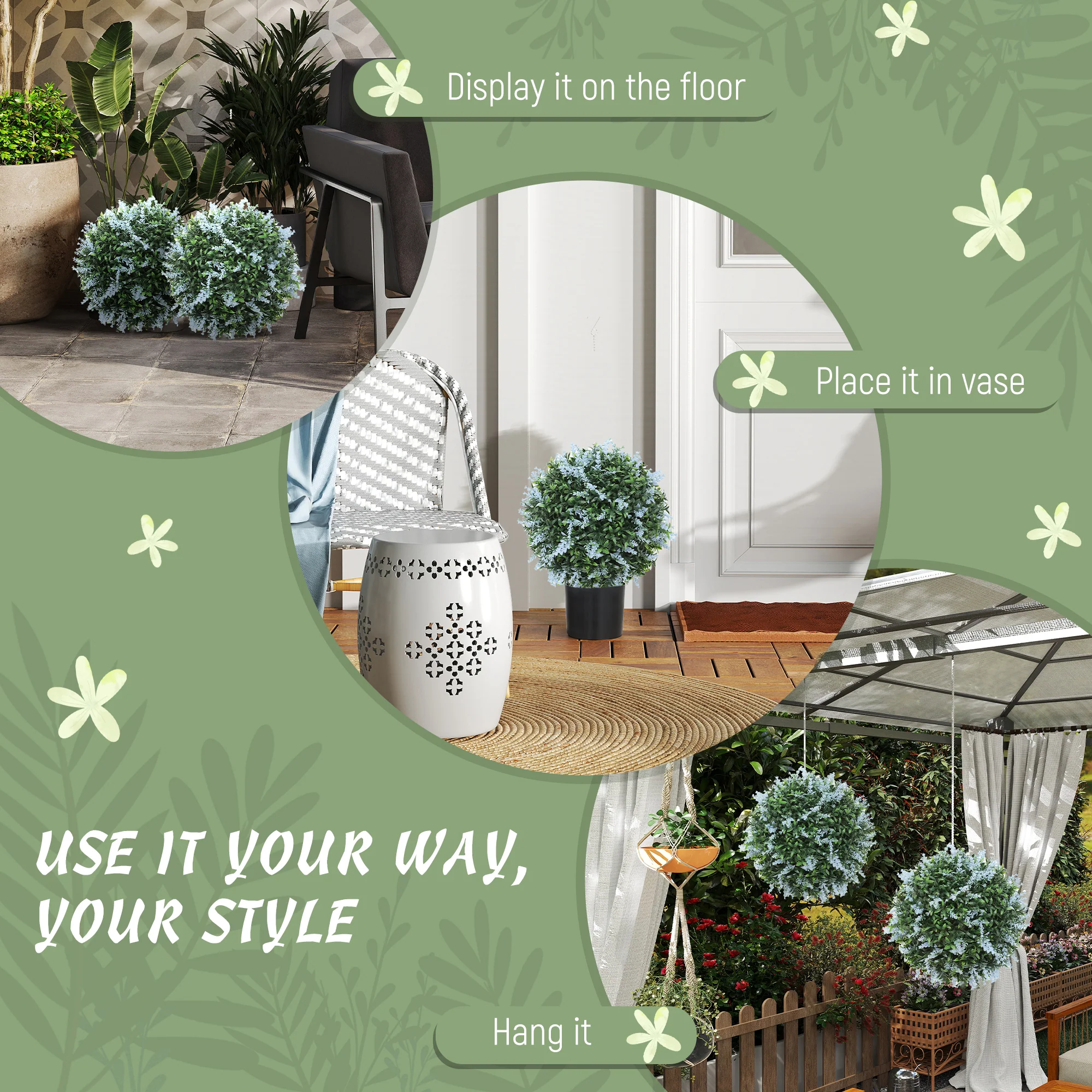 HOMCOM Set Of 2 Artificial Plant Topiary Balls, Faux Plants, Blue - Image 6