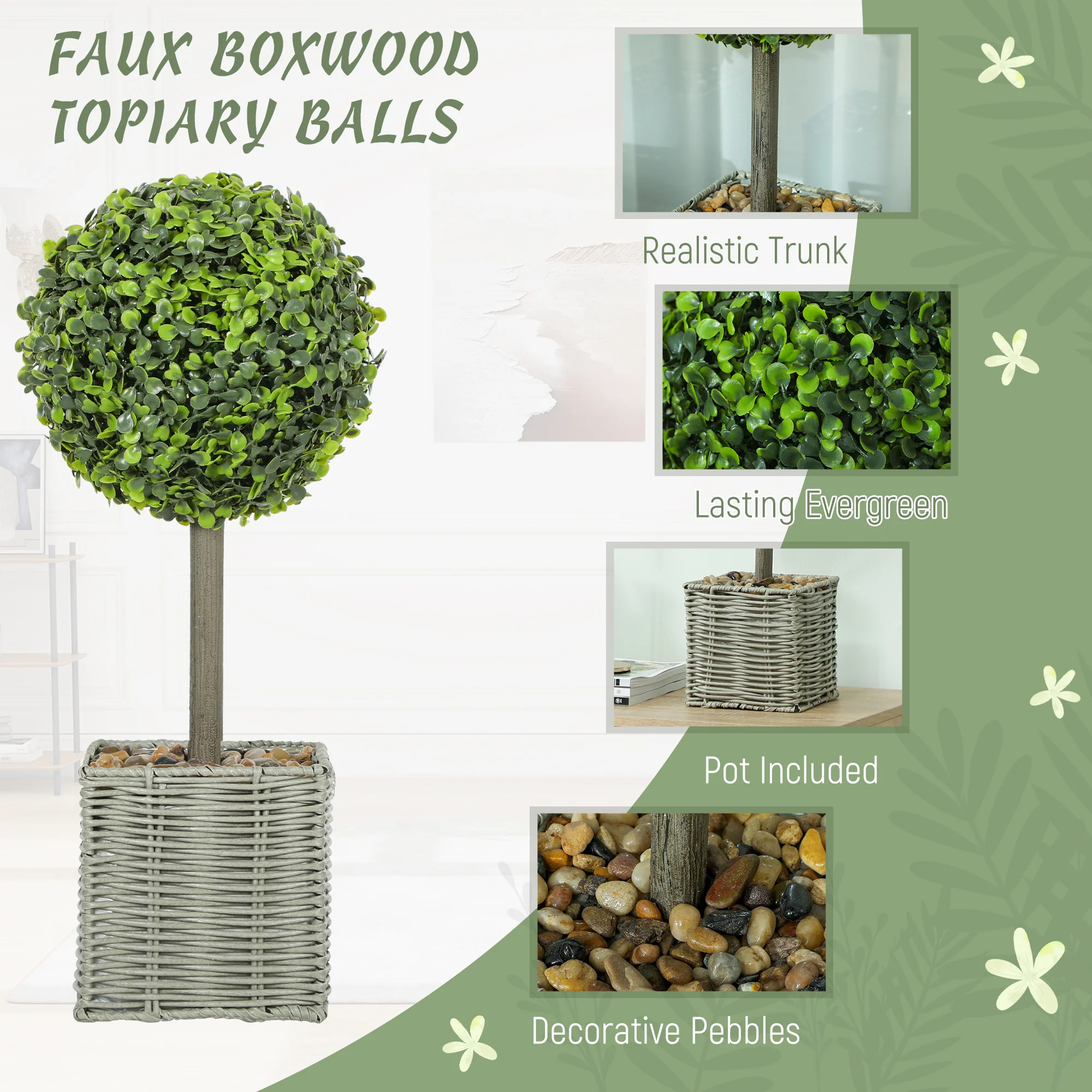 HOMCOM Set Of 2 Artificial Plants, 50cm Faux Boxwood Topiary Balls, Green - Image 3