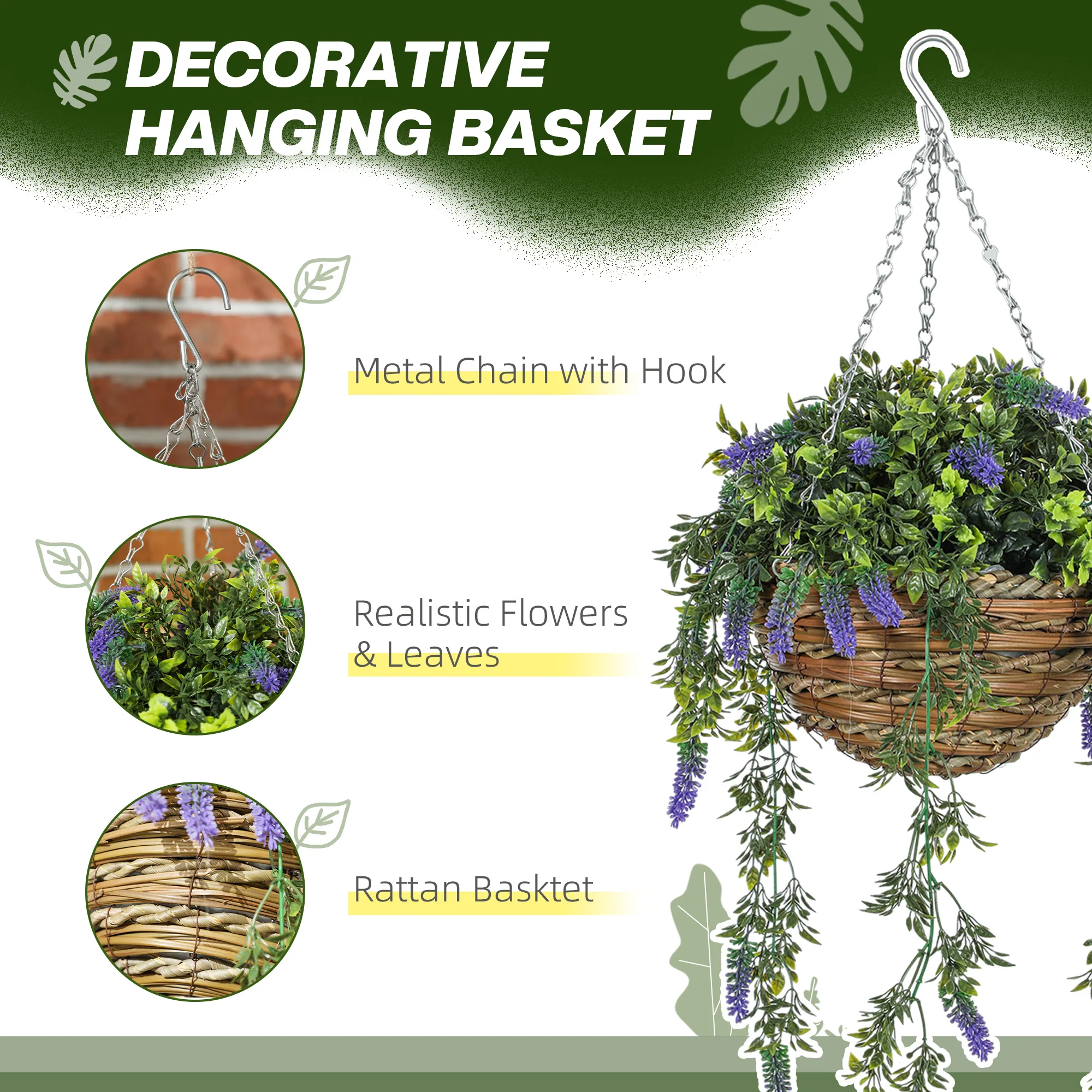 HOMCOM Set Of 2 Artificial Plants, Lavender Flowers In Basket, Purple - Image 3