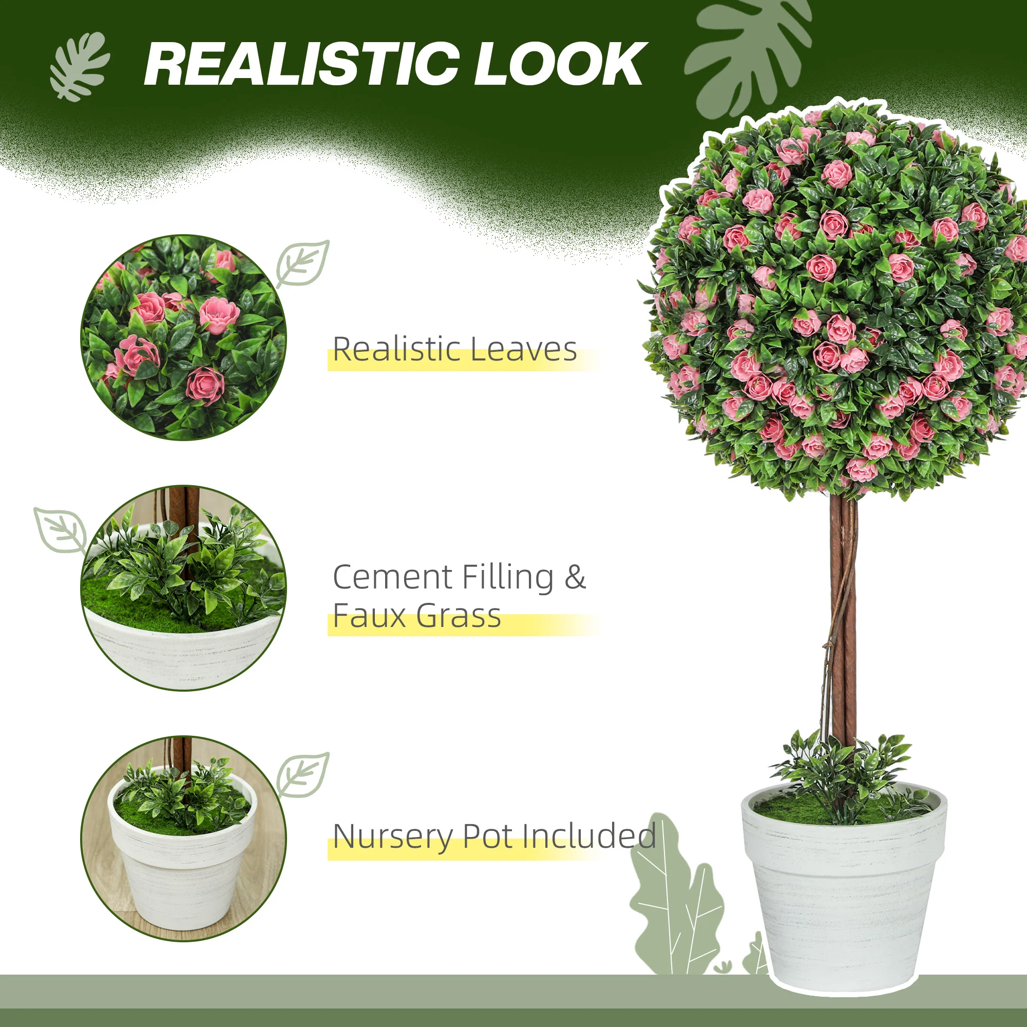 HOMCOM Set Of 2 Artificial Plants With Rose Flower In Pot, 60cm - Image 4