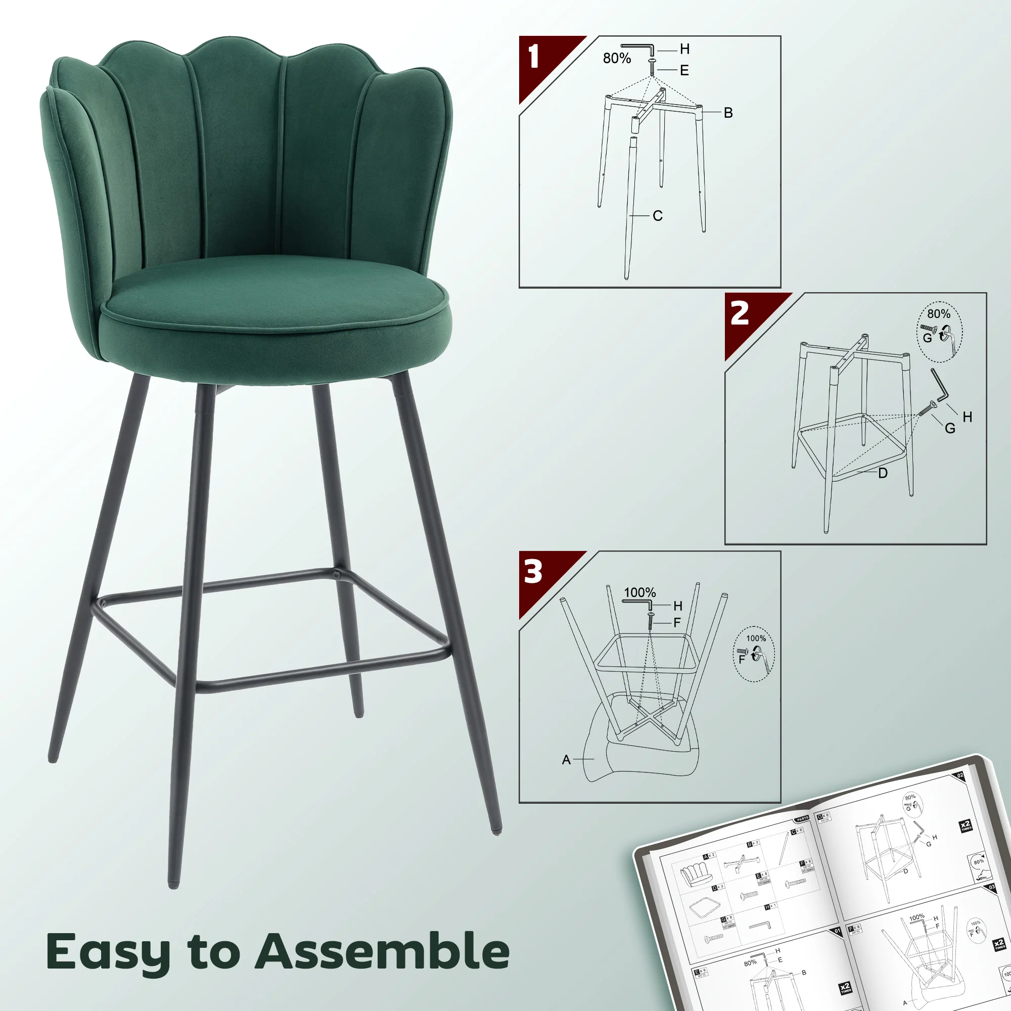 HOMCOM Set Of 2 Barstools With Petal Backrest For Kitchen Island - Image 16