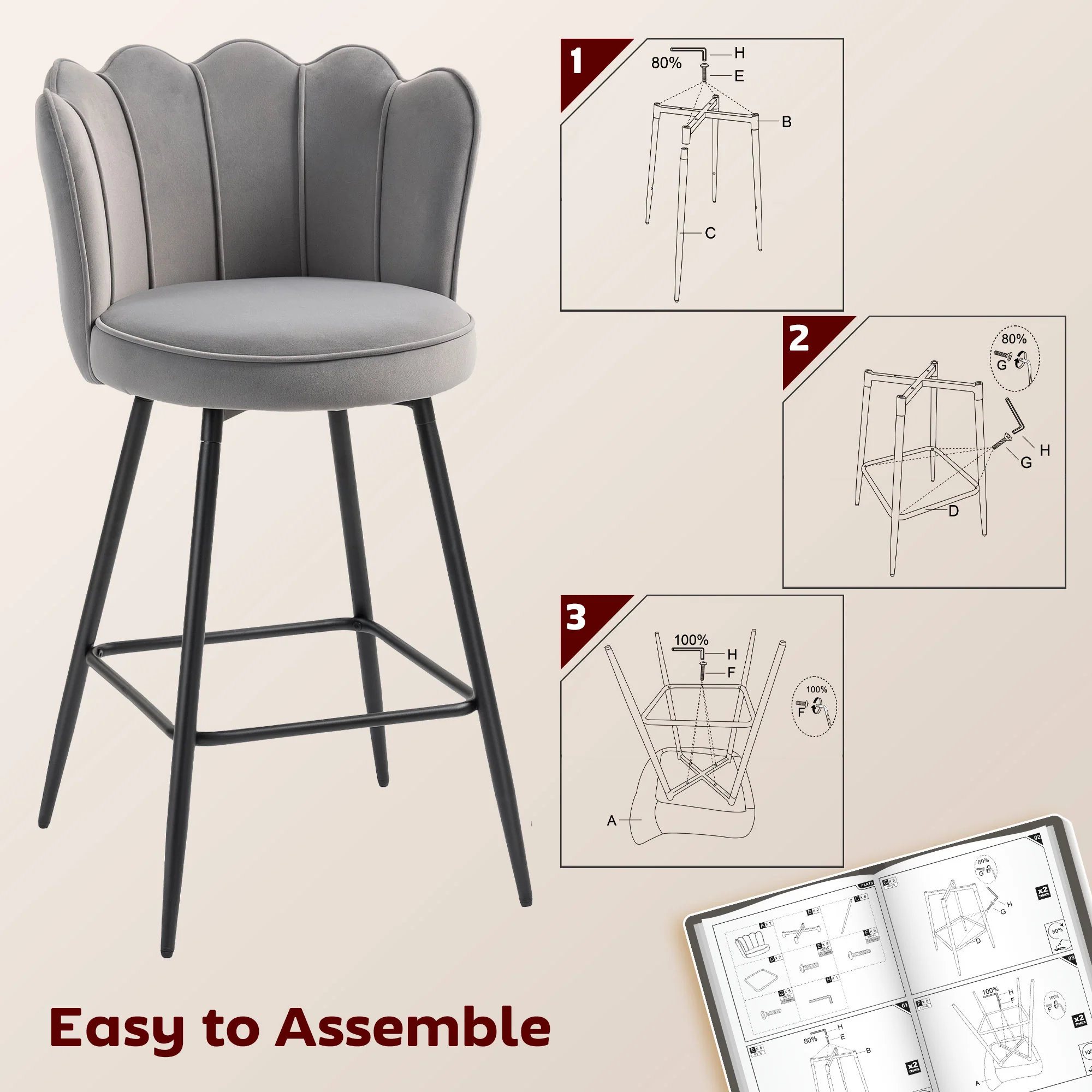 HOMCOM Set Of 2 Barstools With Petal Backrest For Kitchen Island - Image 25