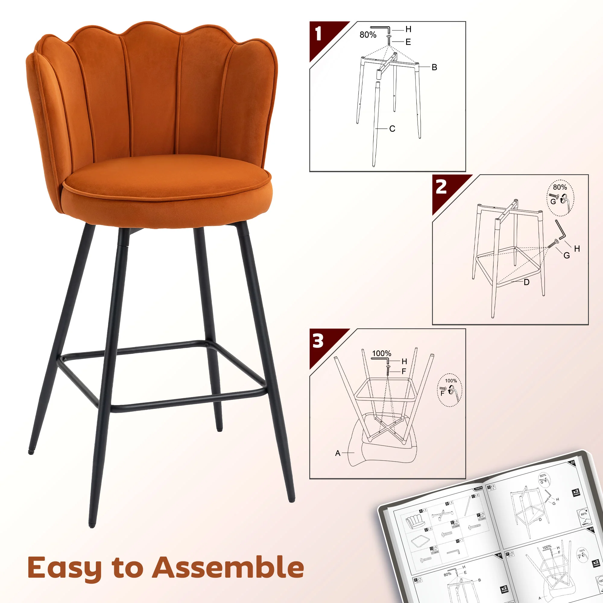 HOMCOM Set Of 2 Barstools With Petal Backrest For Kitchen Island - Image 34