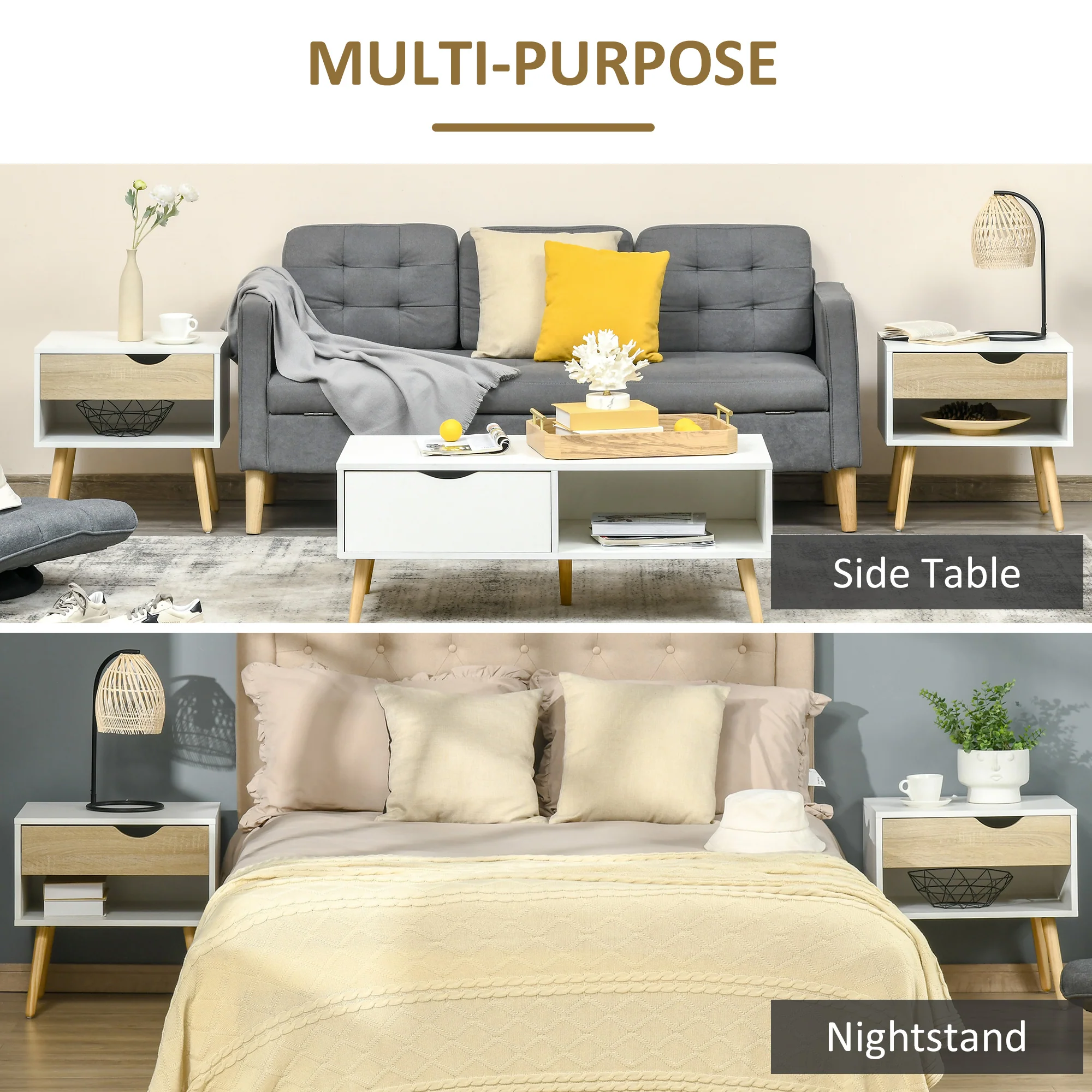 HOMCOM Set Of 2 Bedside Table With Drawer & Shelf, Nightstand For Bedroom - Image 3