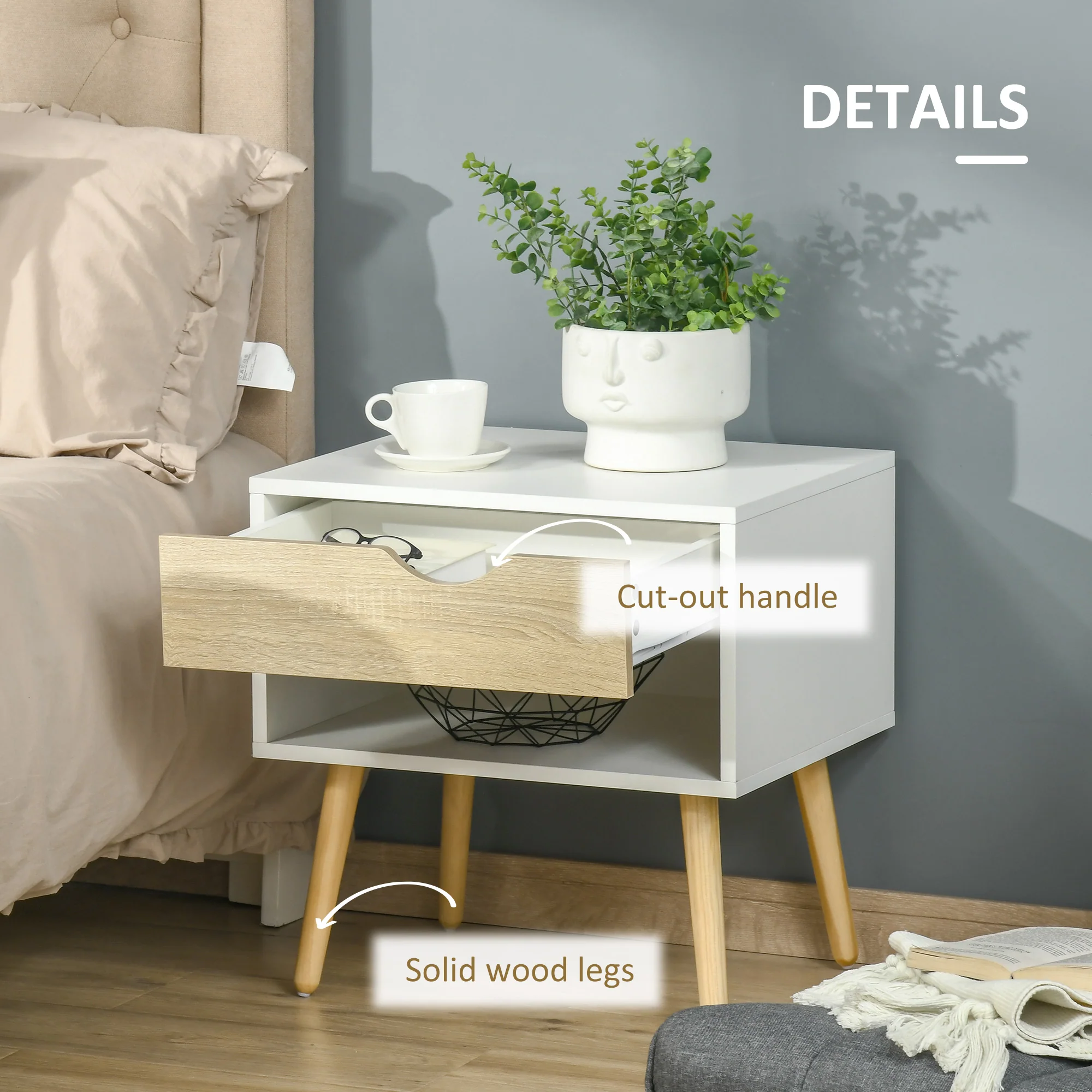 HOMCOM Set Of 2 Bedside Table With Drawer & Shelf, Nightstand For Bedroom - Image 4