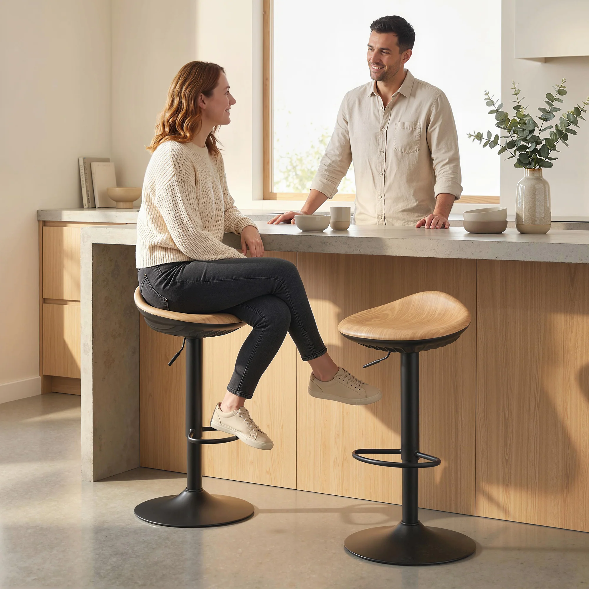 HOMCOM Set of 2 Breakfast Barstools, PU Leather Swivel Bar Stools, Oak - Image 2